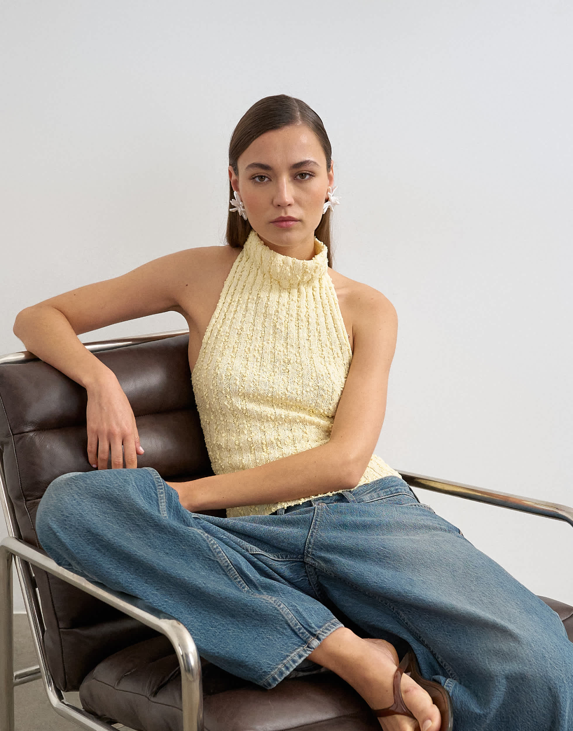 Topshop knitted drape neck low back top in yellow
