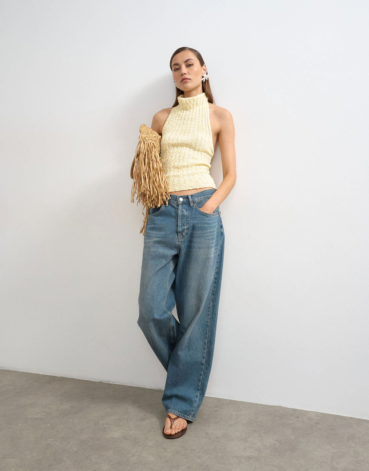 Topshop knitted drape neck low back top in yellow