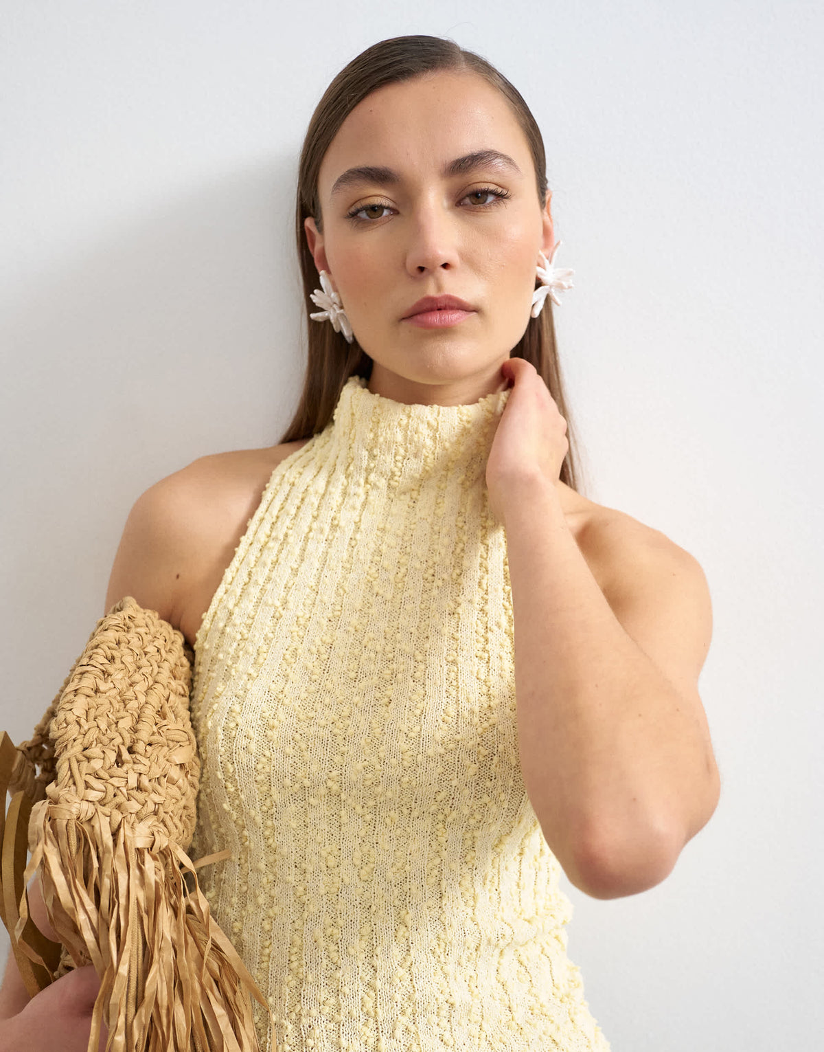 Topshop knitted drape neck low back top in yellow
