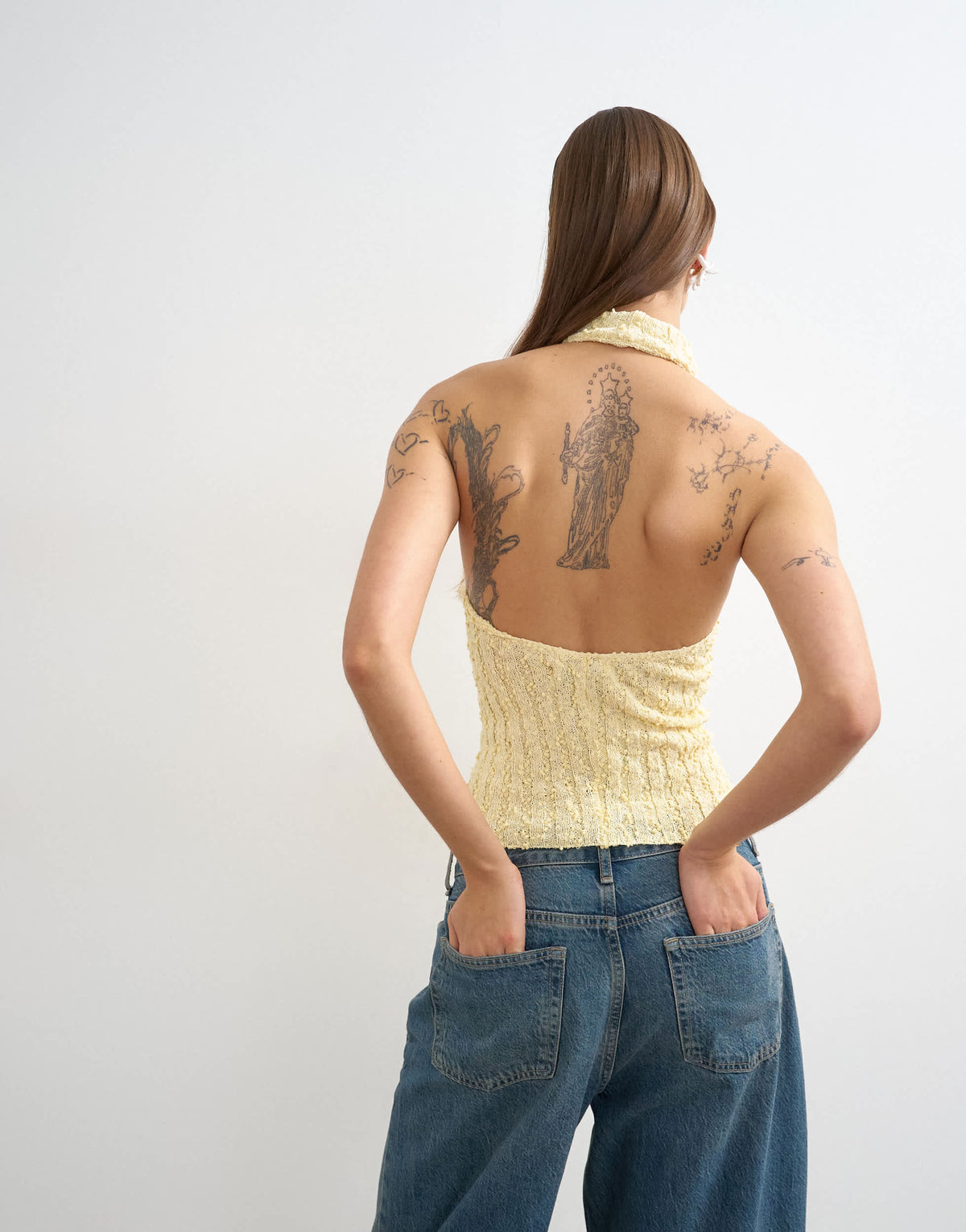 Topshop knitted drape neck low back top in yellow