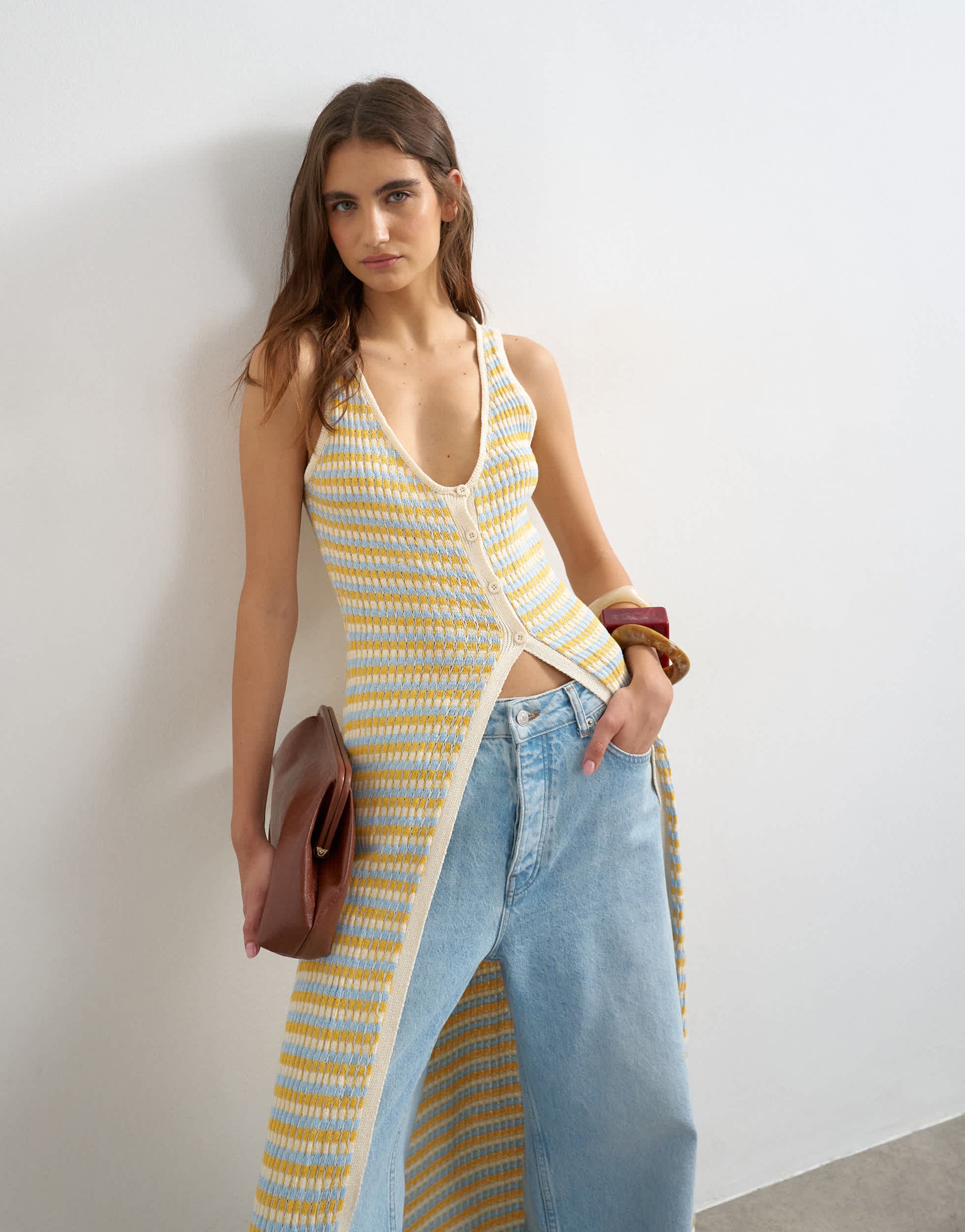 Topshop knitted pleated long line cardi in multi