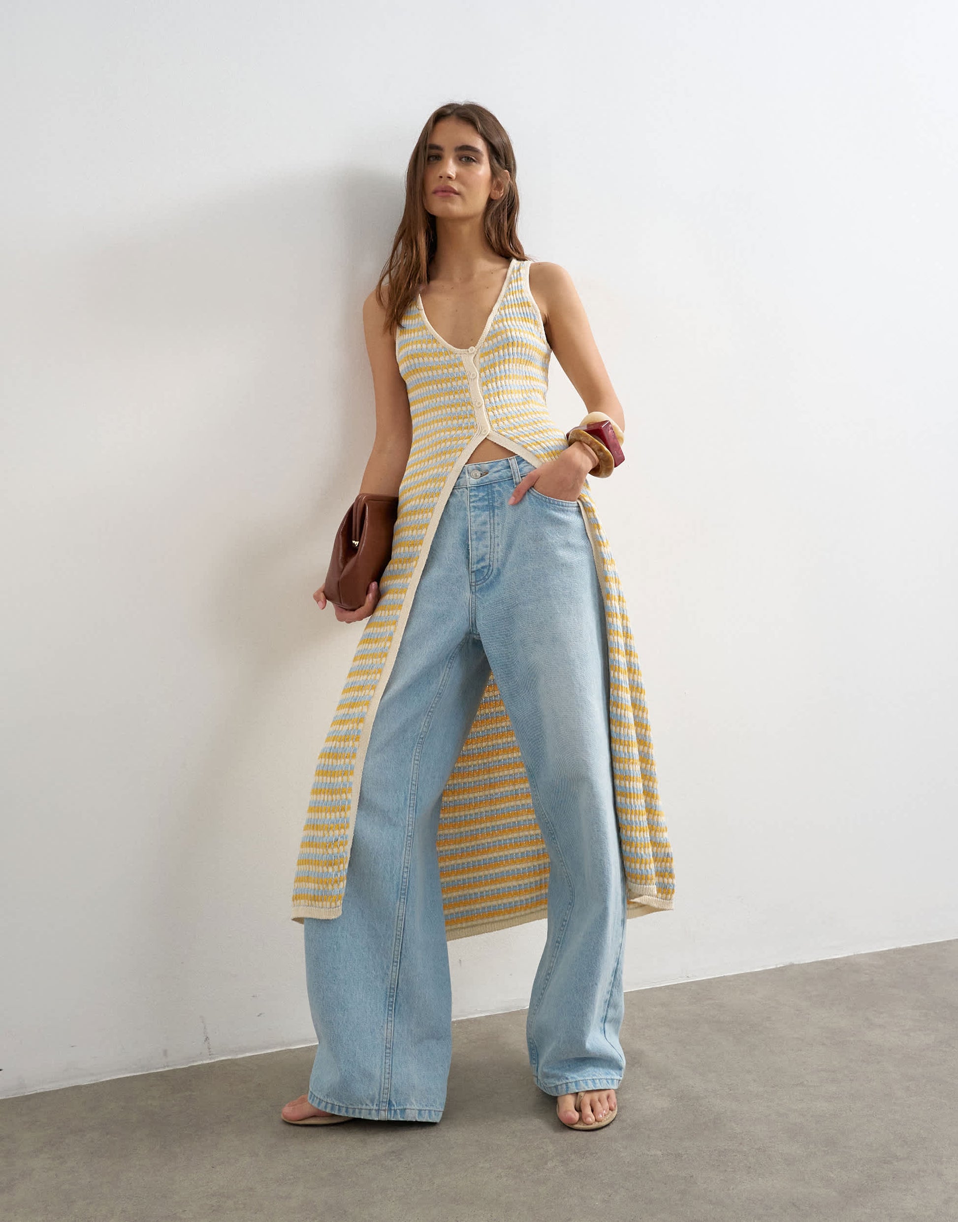 Topshop knitted pleated long line cardi in multi