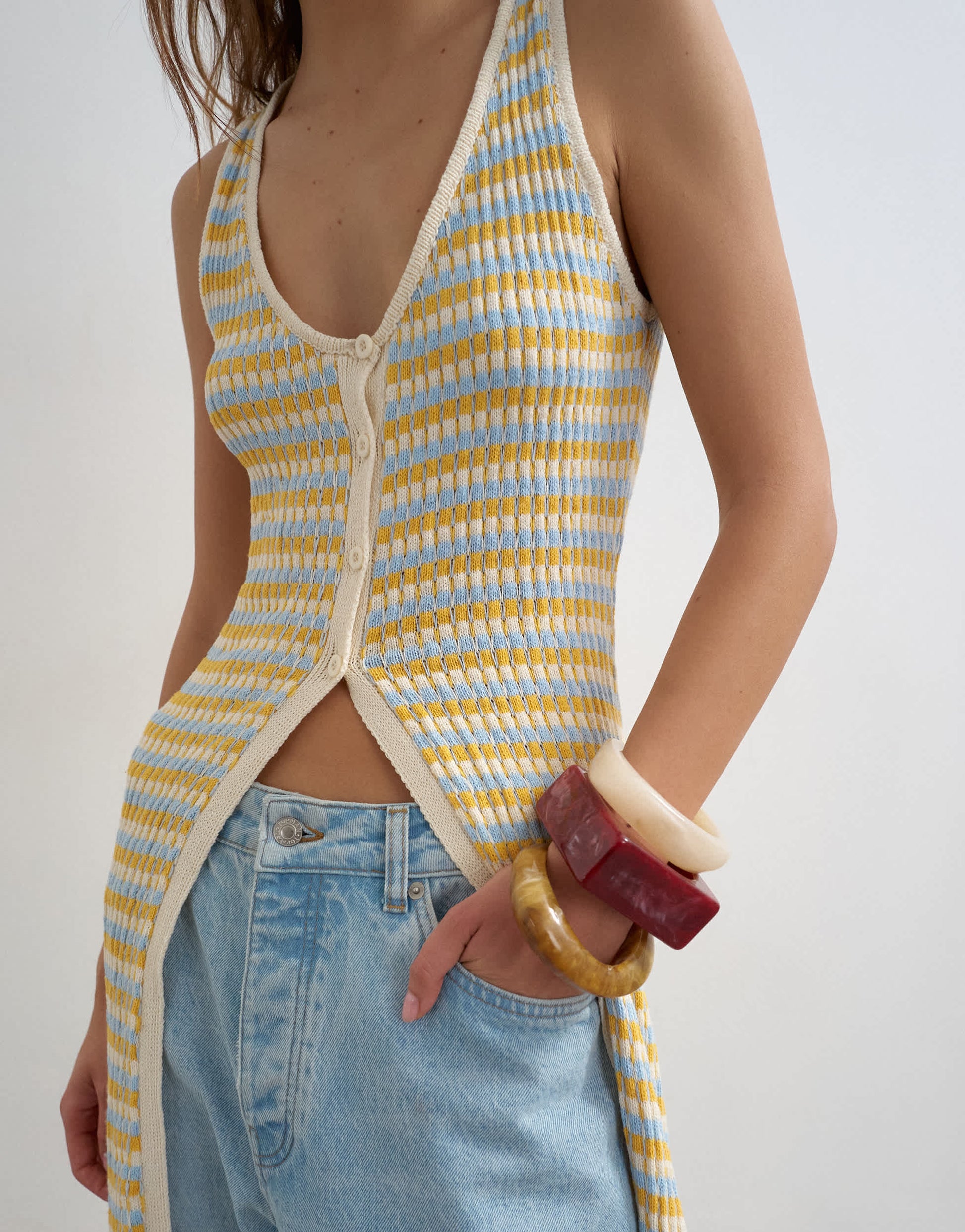 Topshop knitted pleated long line cardi in multi