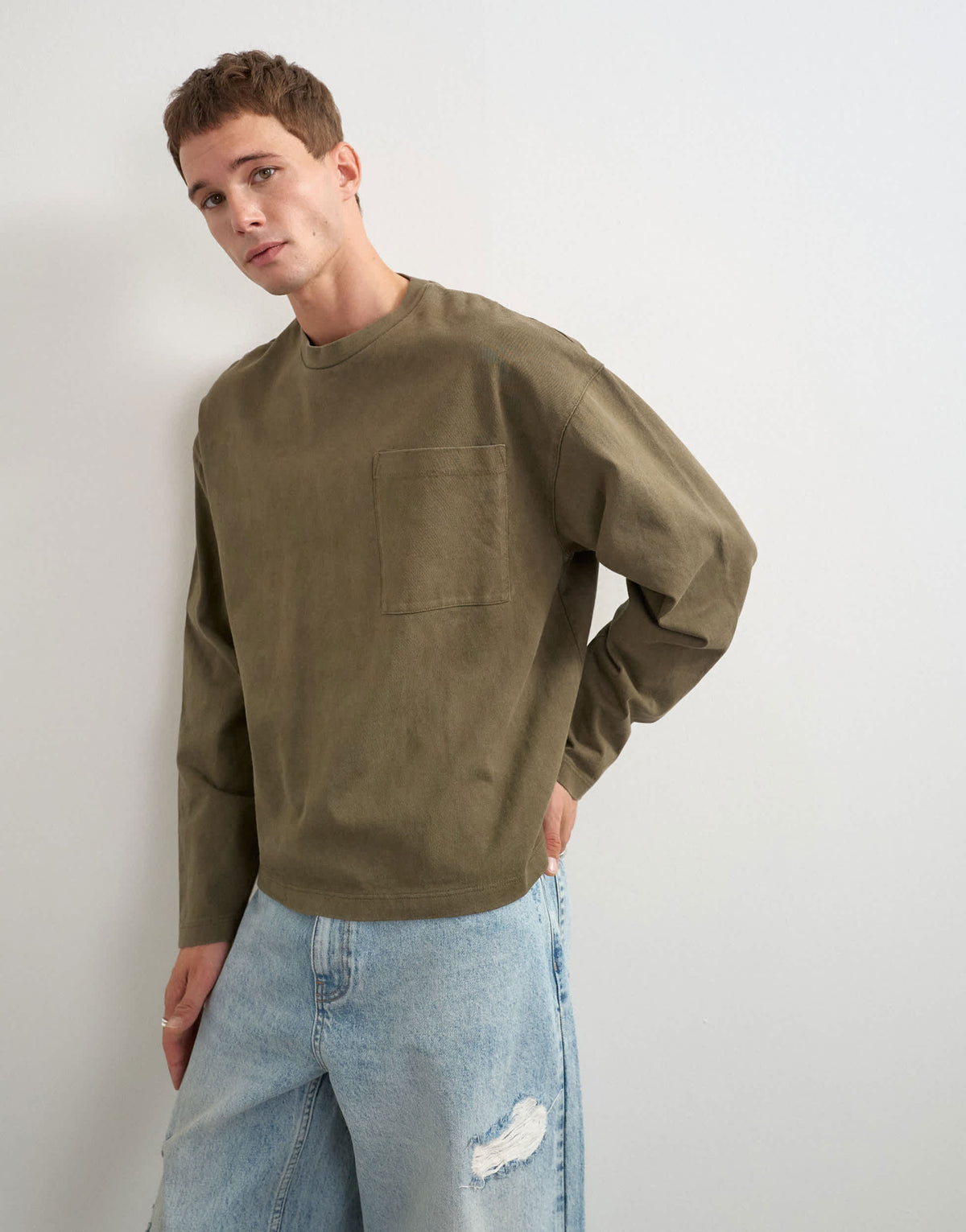 Topman relaxed fit long sleeve heavyweight t-shirt in washed khaki