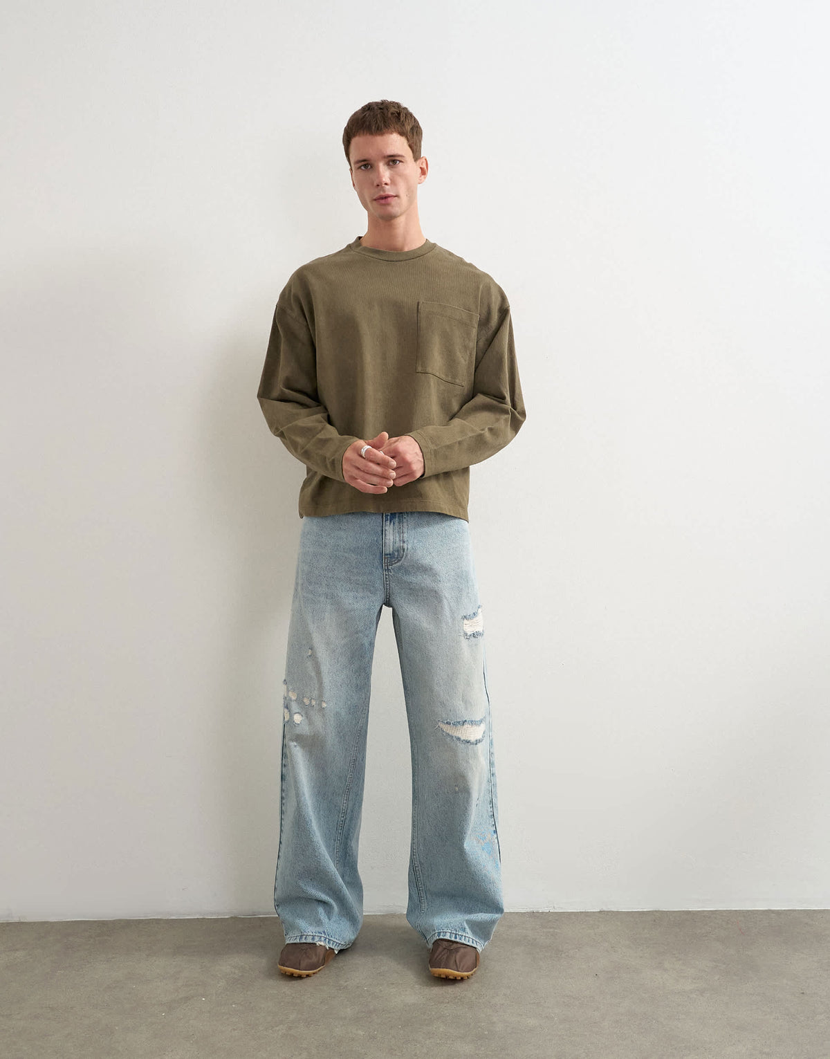 Topman relaxed fit long sleeve heavyweight t-shirt in washed khaki