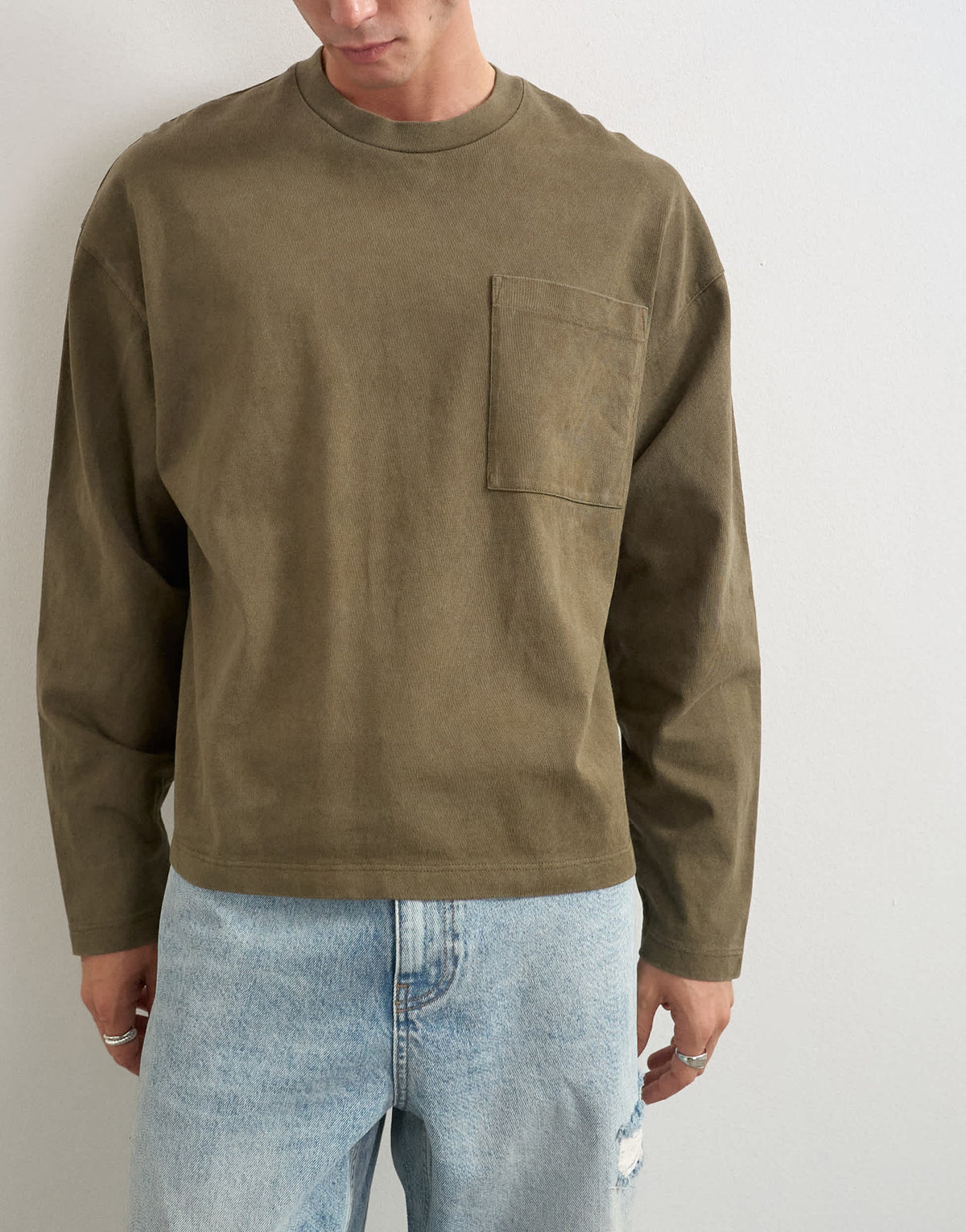 Topman relaxed fit long sleeve heavyweight t-shirt in washed khaki