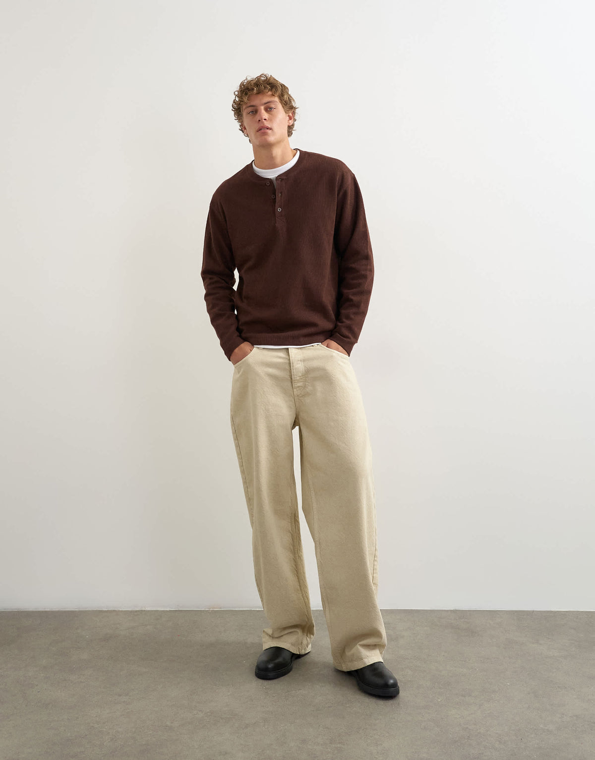 Topman relaxed fit rib henley in brown