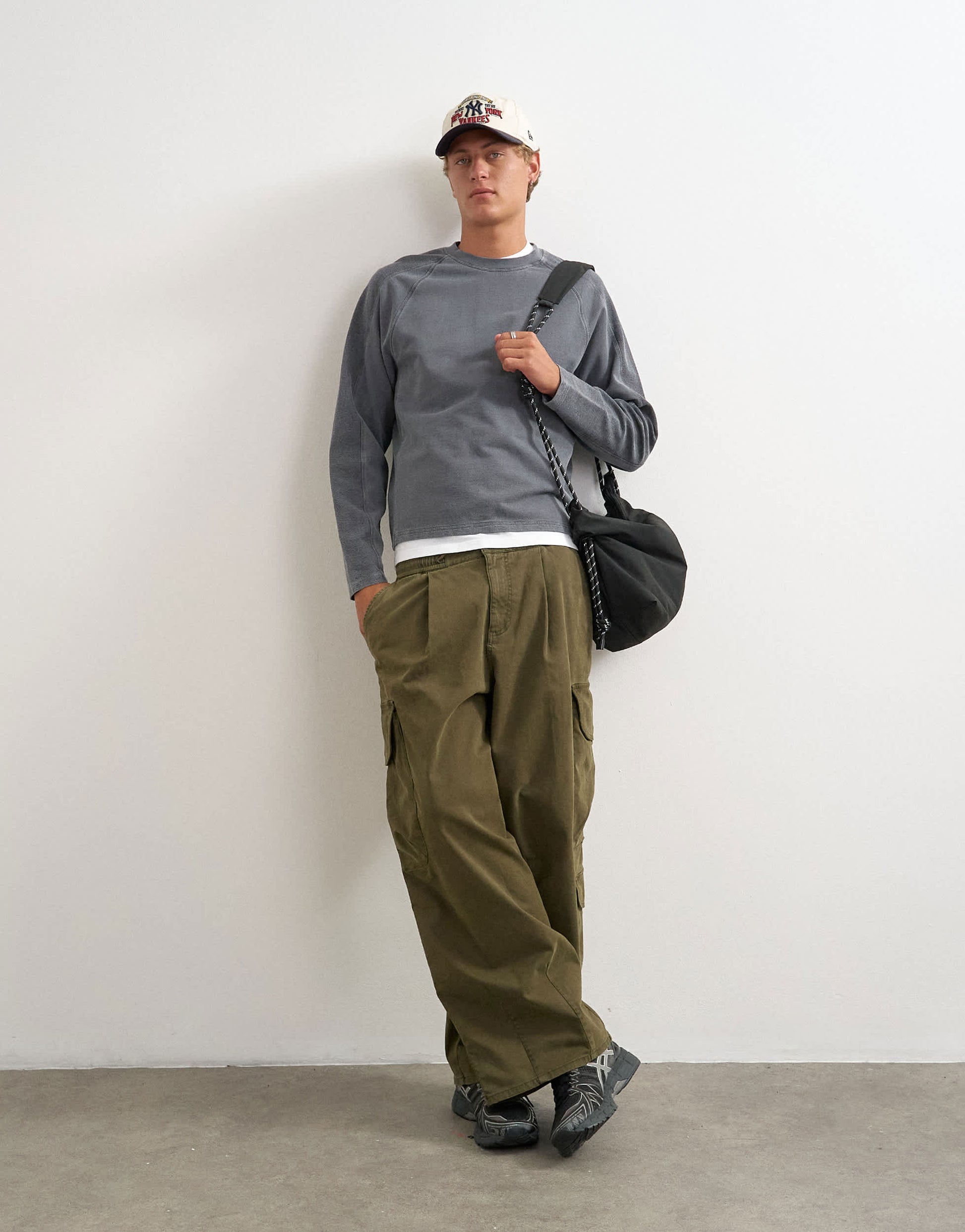 Topman relaxed fit crop long sleeve t-shirt with panel detail in washed grey
