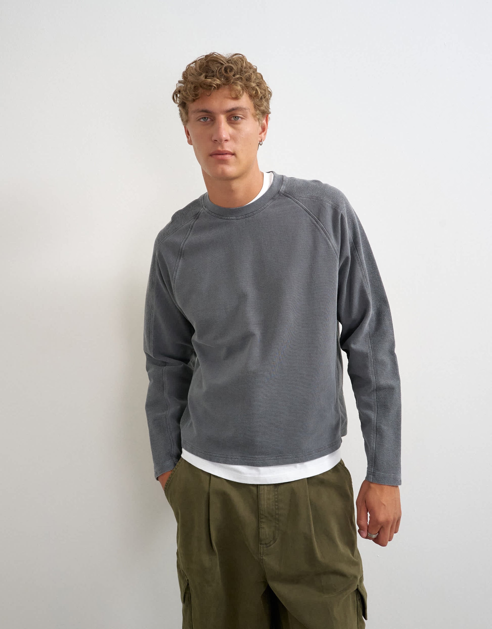 Topman relaxed fit crop long sleeve t-shirt with panel detail in washed grey