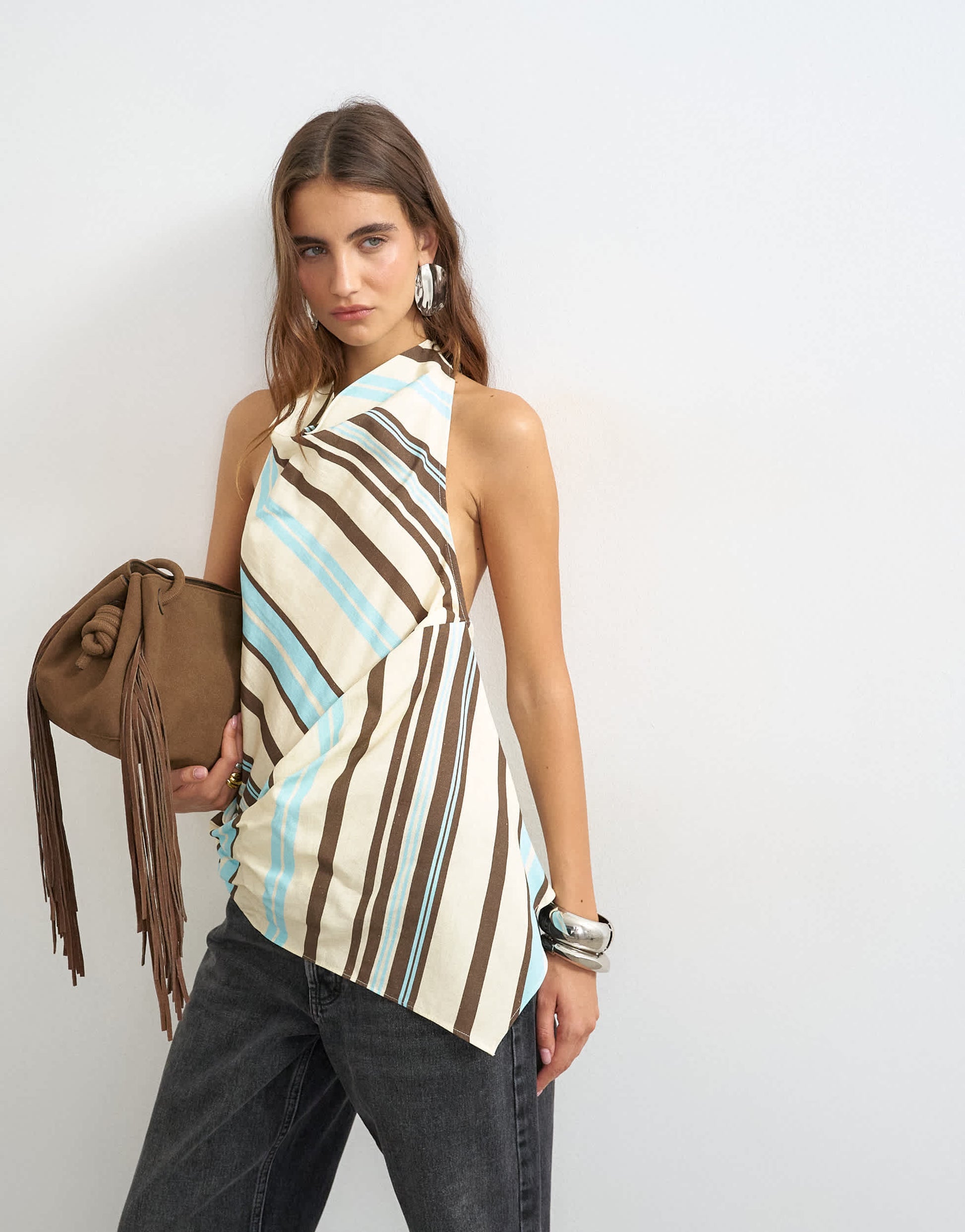 Topshop cowl tie detail top in chocolate stripe