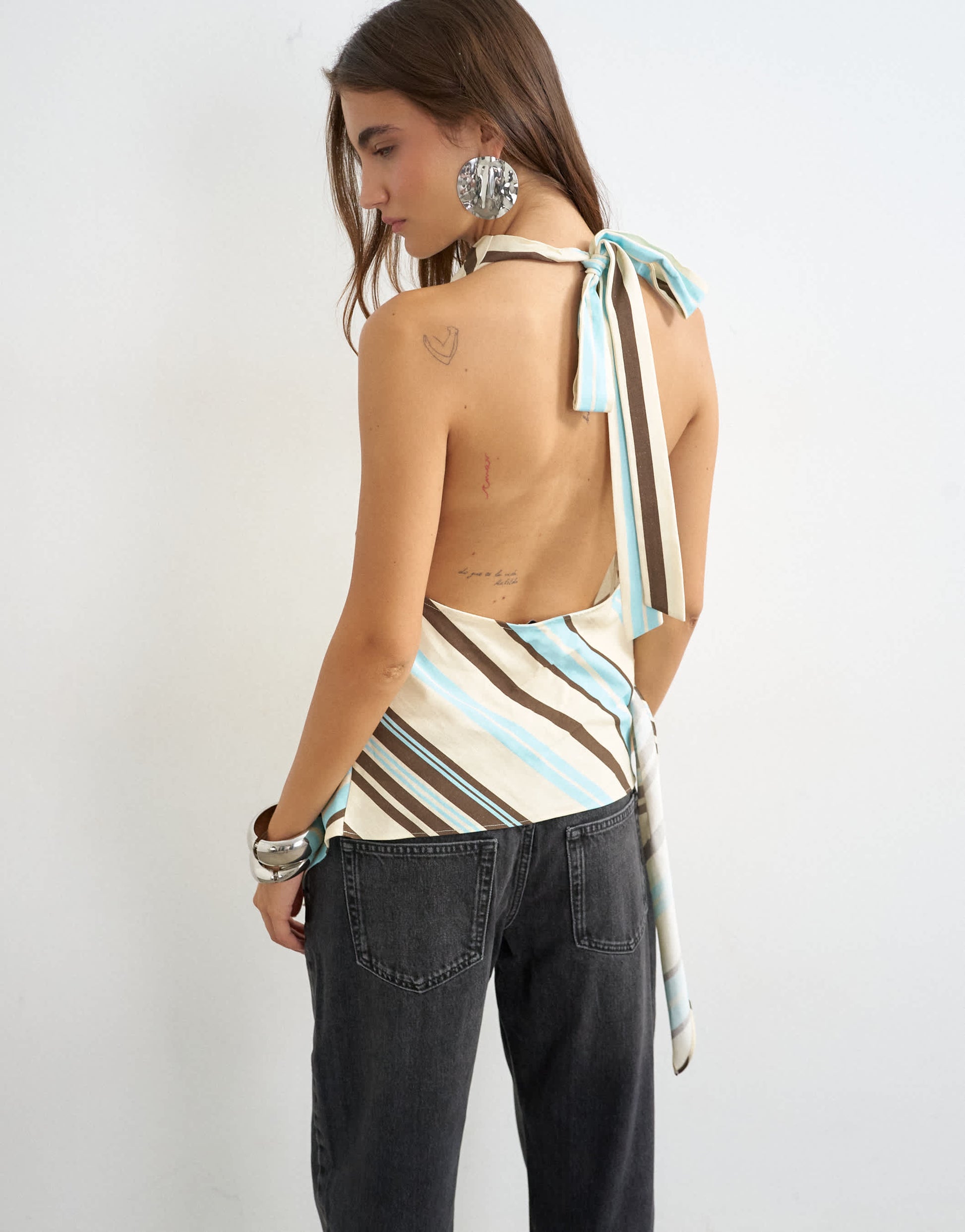 Topshop cowl tie detail top in chocolate stripe