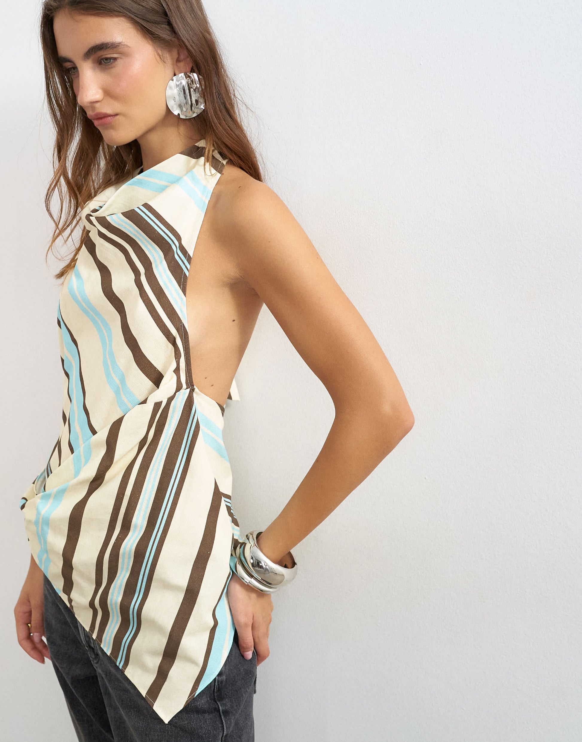 Topshop cowl tie detail top in chocolate stripe