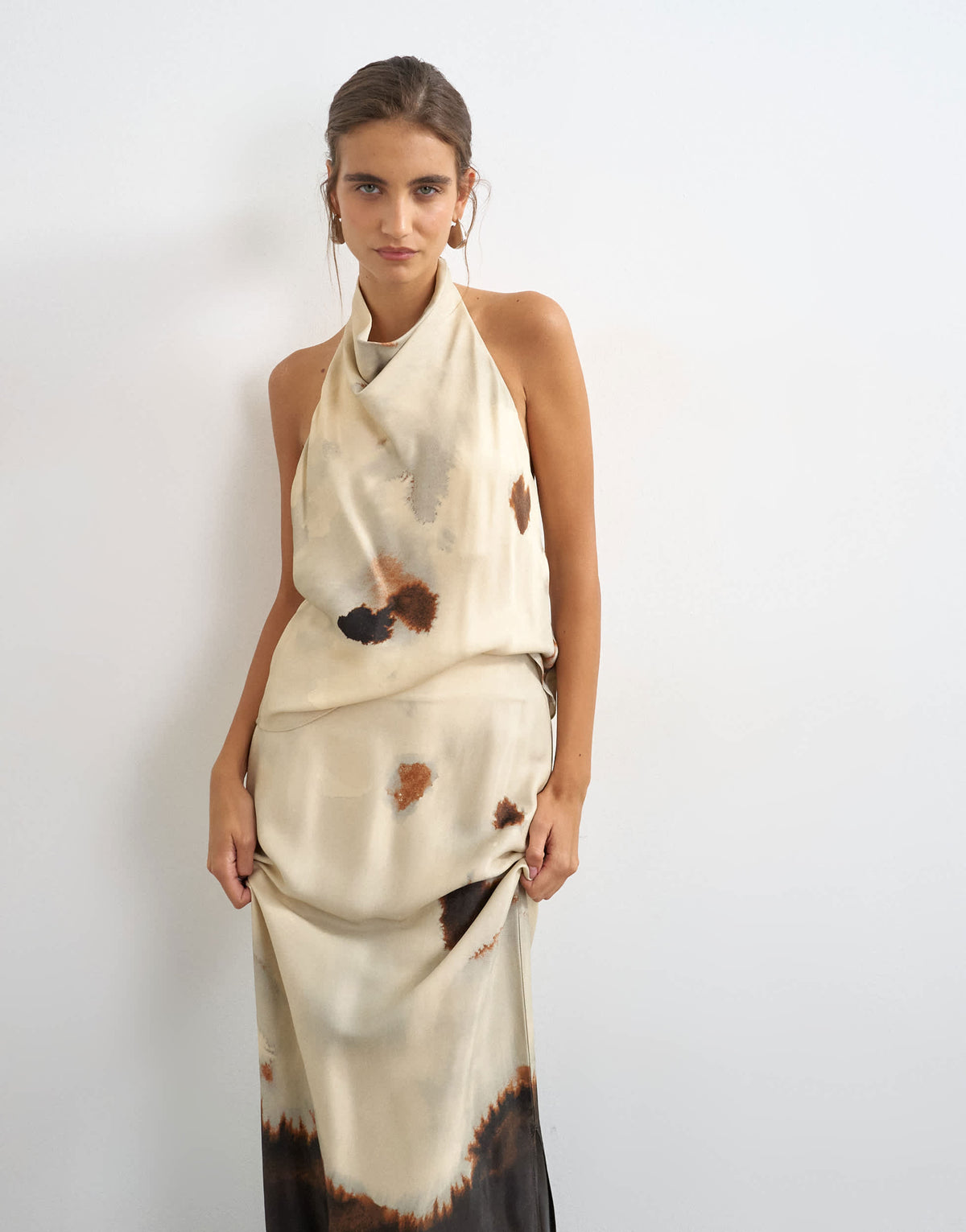Topshop co-ord satin cowl halter top in abstract print