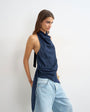 Topshop linen rich cowl tie detail top in navy
