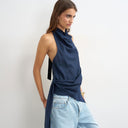 Topshop linen rich cowl tie detail top in navy