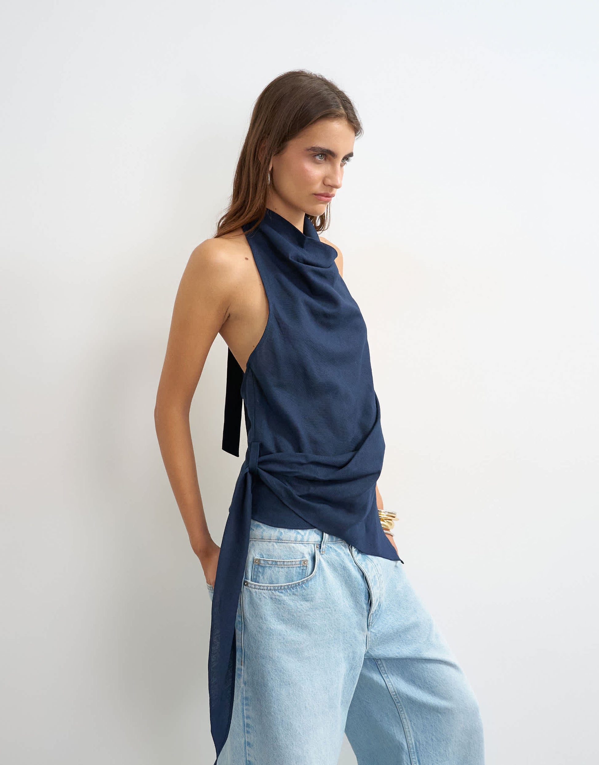 Topshop linen rich cowl tie detail top in navy