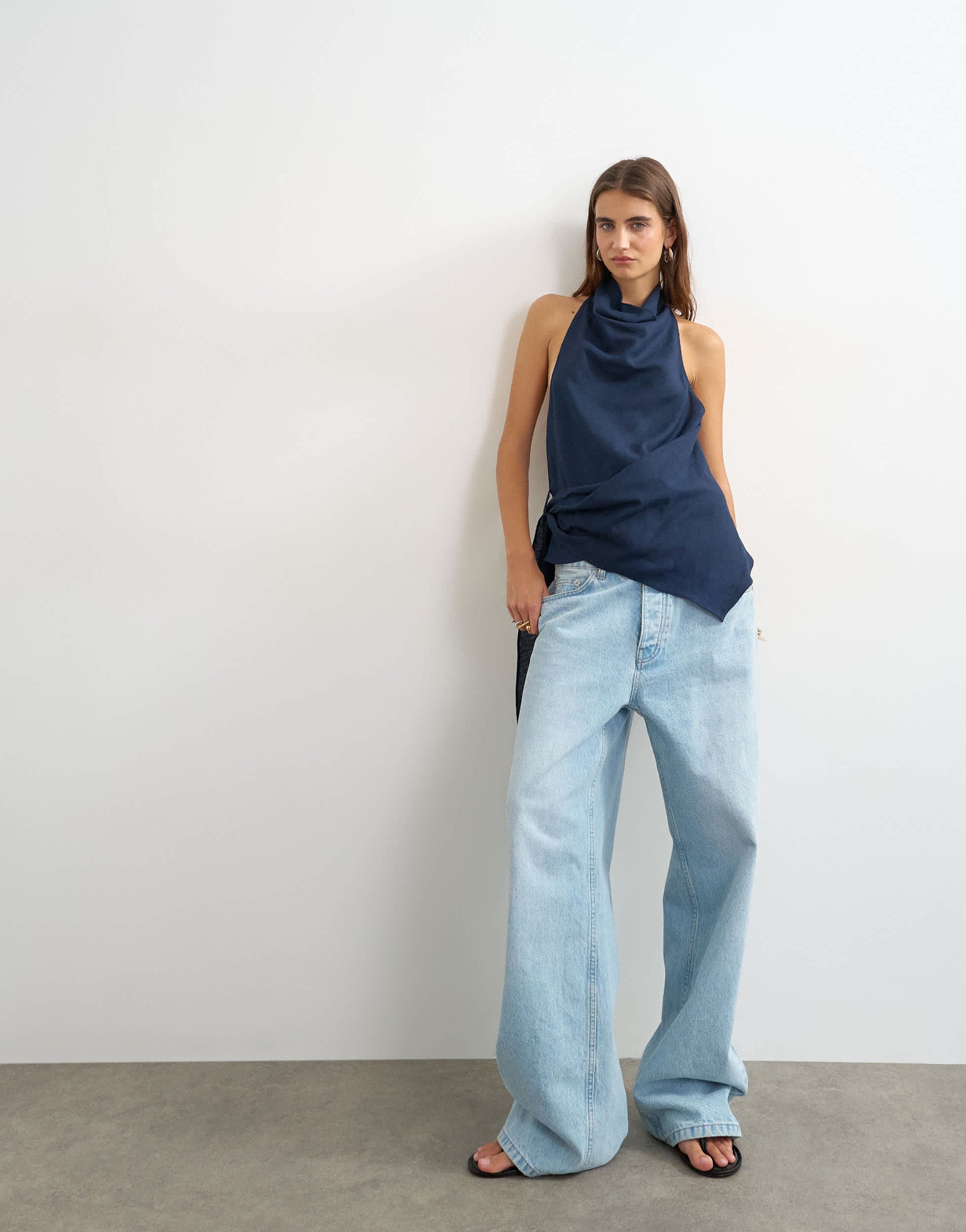 Topshop linen rich cowl tie detail top in navy