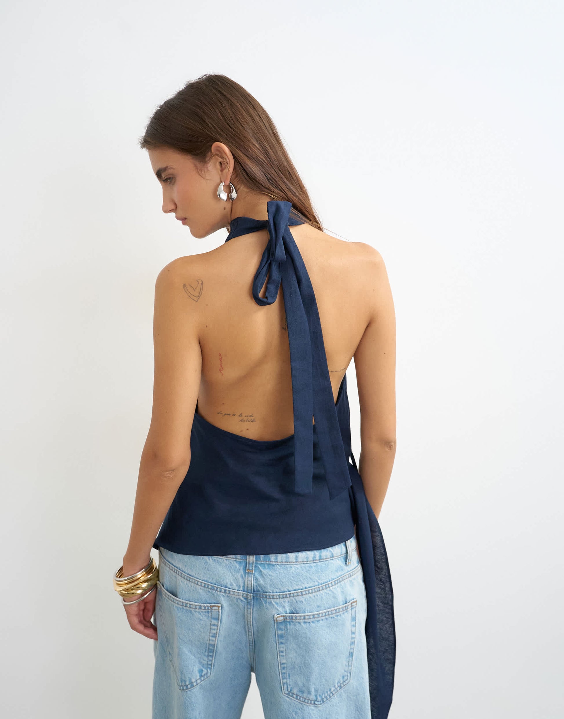 Topshop linen rich cowl tie detail top in navy