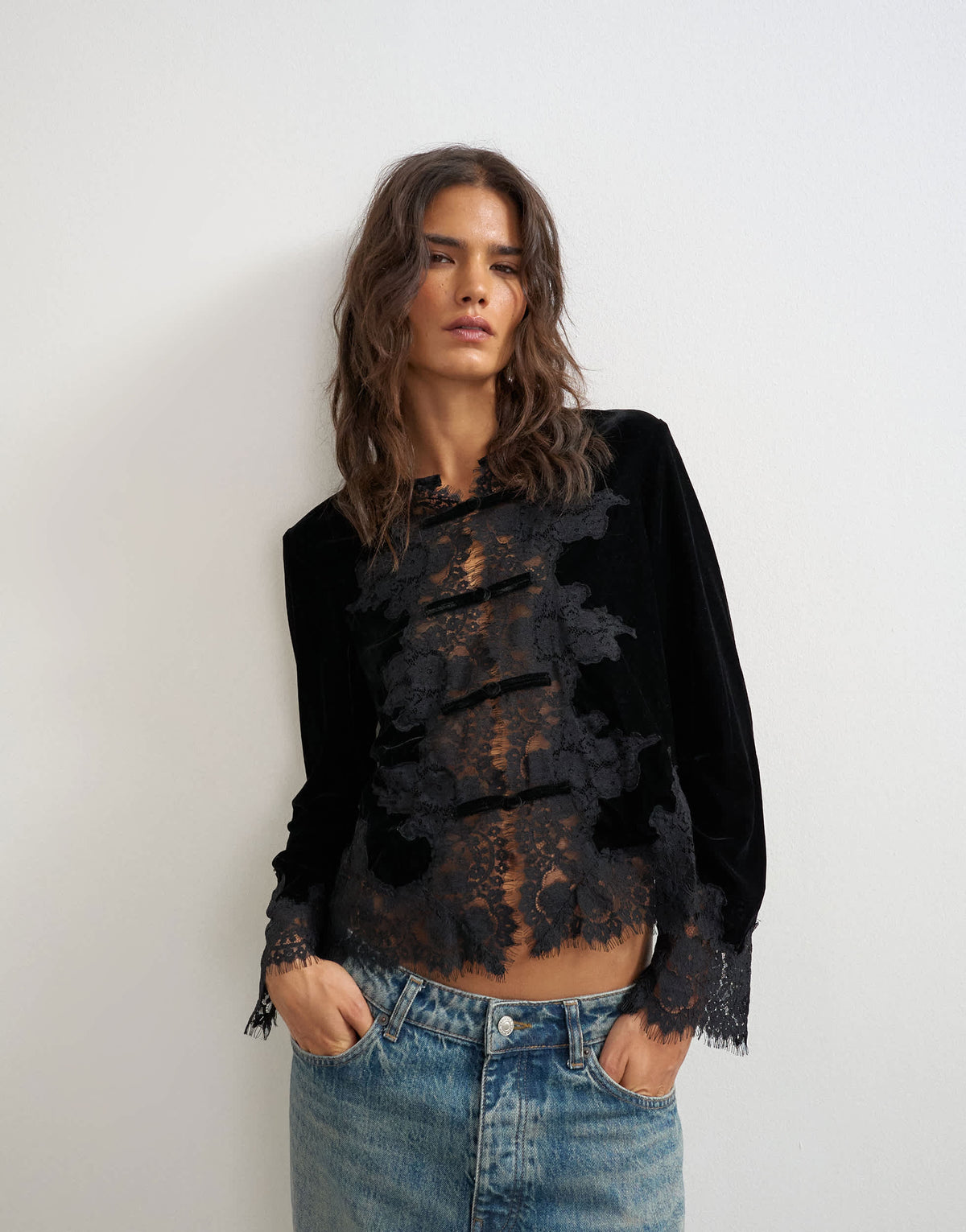 Topshop lace applique velvet blouse in black