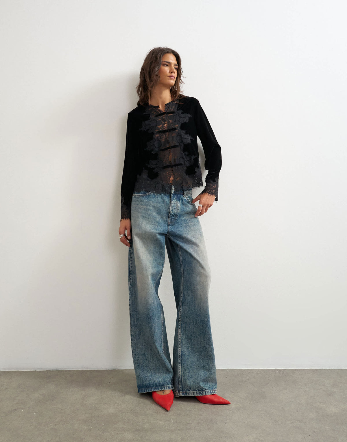 Topshop lace applique velvet blouse in black
