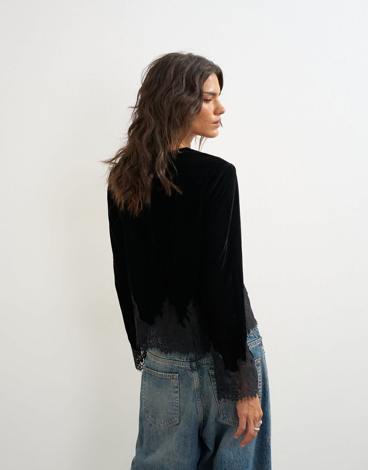 Topshop lace applique velvet blouse in black