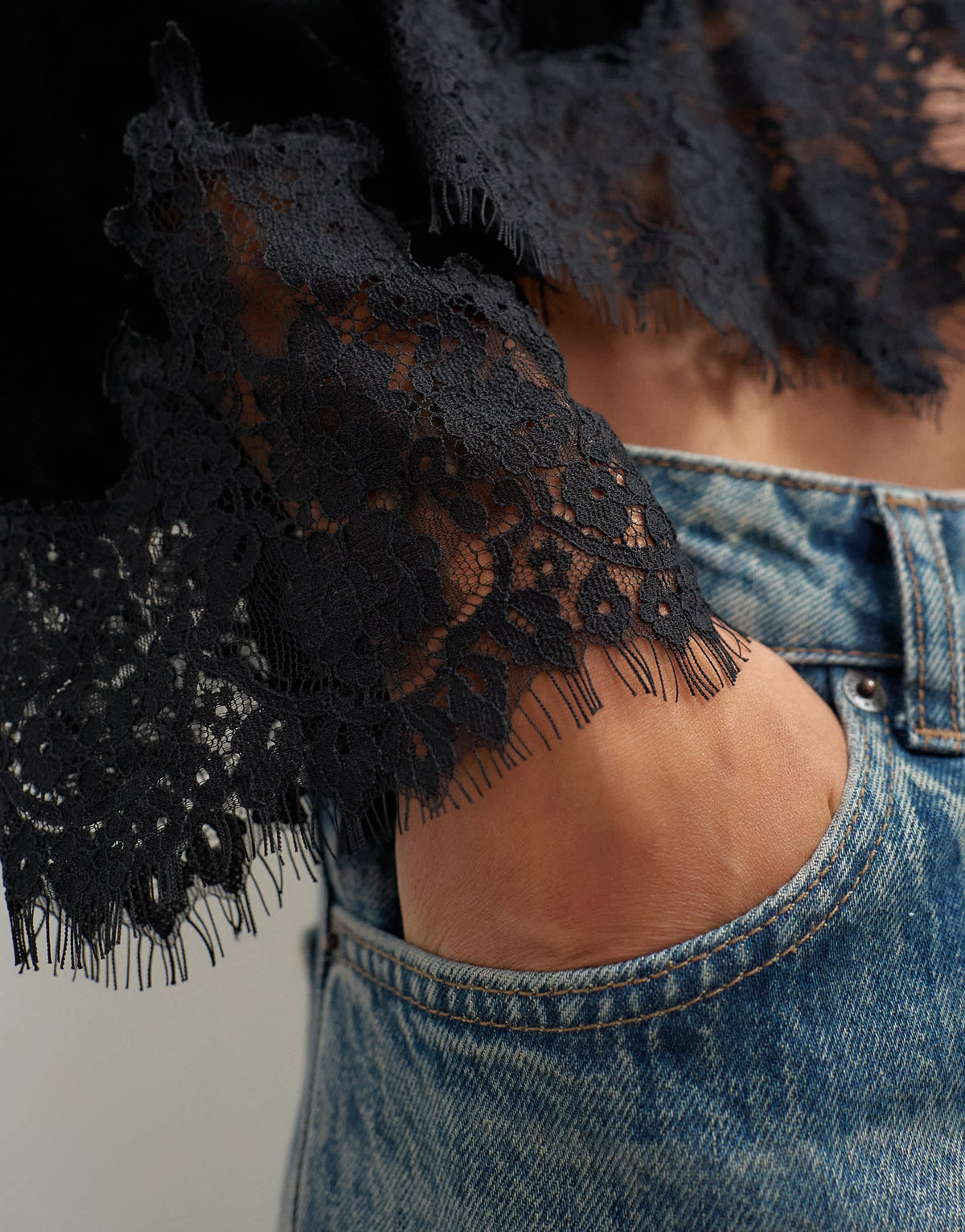 Topshop lace applique velvet blouse in black