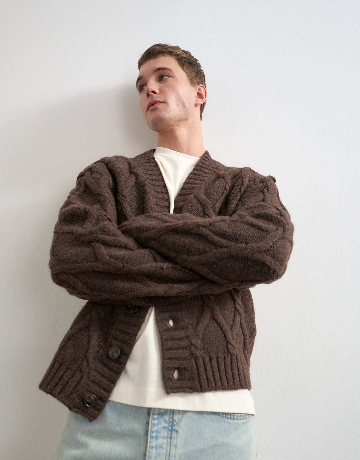 Topman relaxed fit knitted cable cardigan in brown