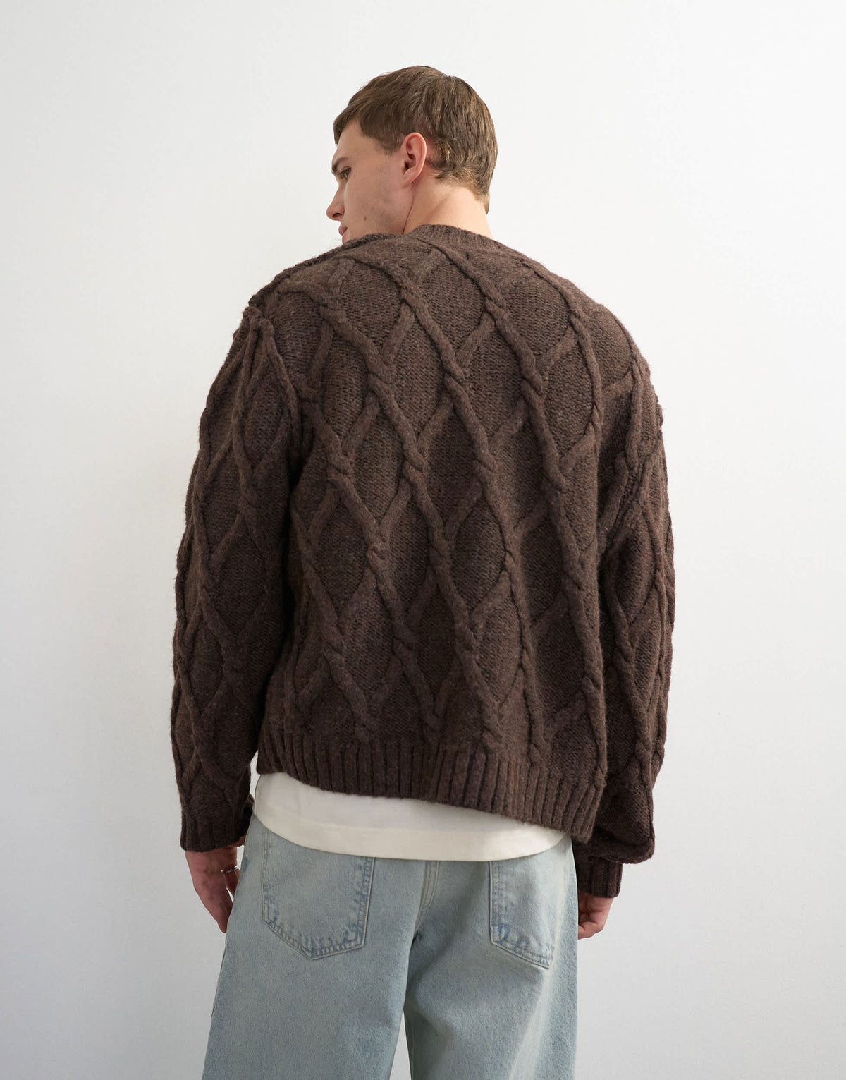 Topman relaxed fit knitted cable cardigan in brown