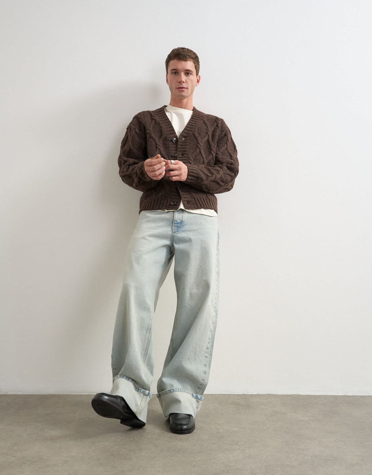 Topman relaxed fit knitted cable cardigan in brown