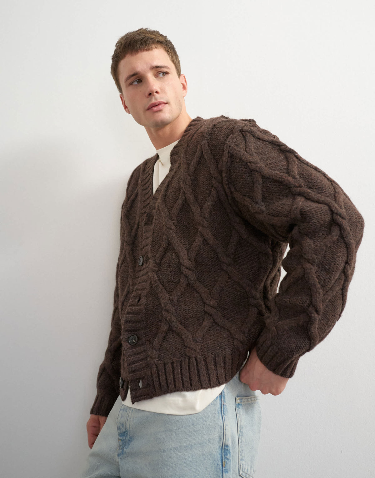 Topman relaxed fit knitted cable cardigan in brown