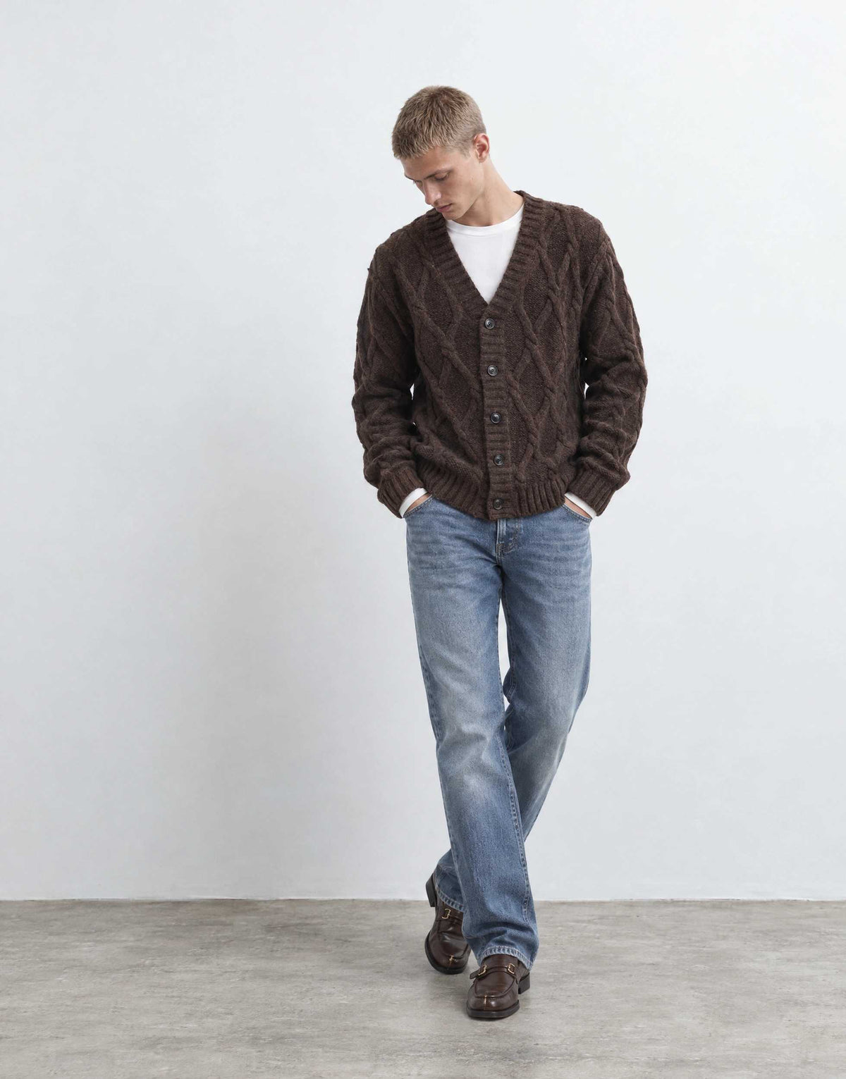 Topman relaxed fit knitted cable cardigan in brown
