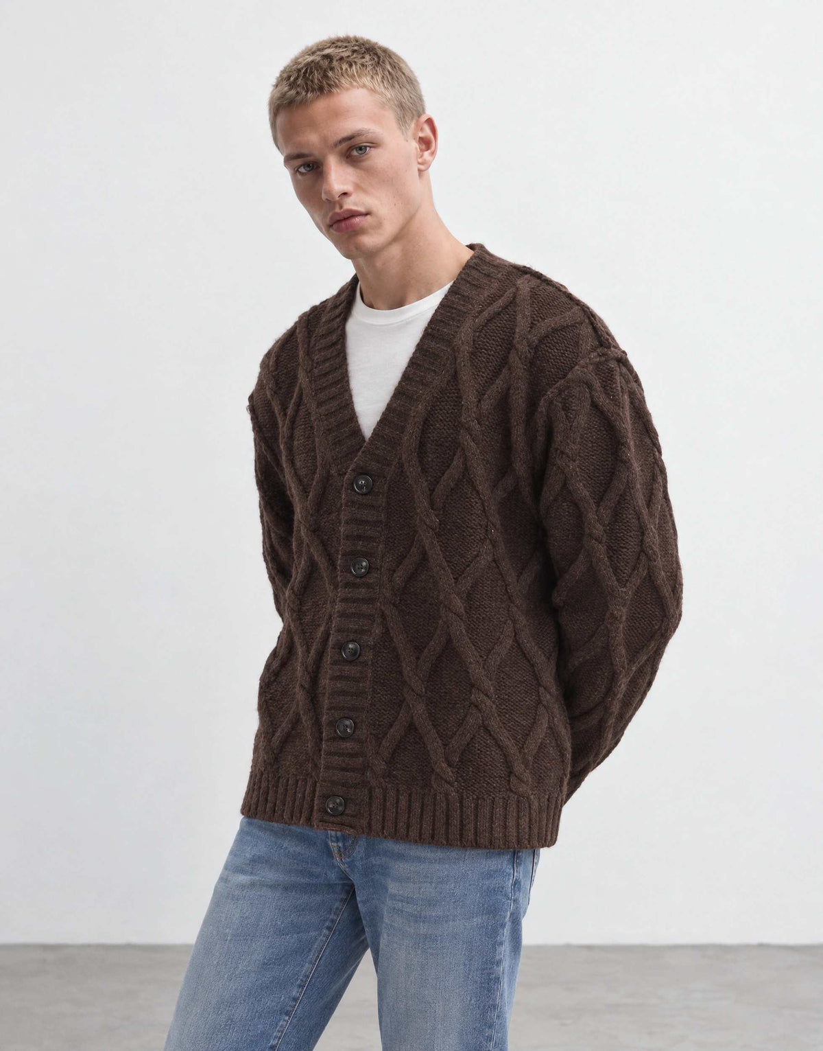 Topman relaxed fit knitted cable cardigan in brown