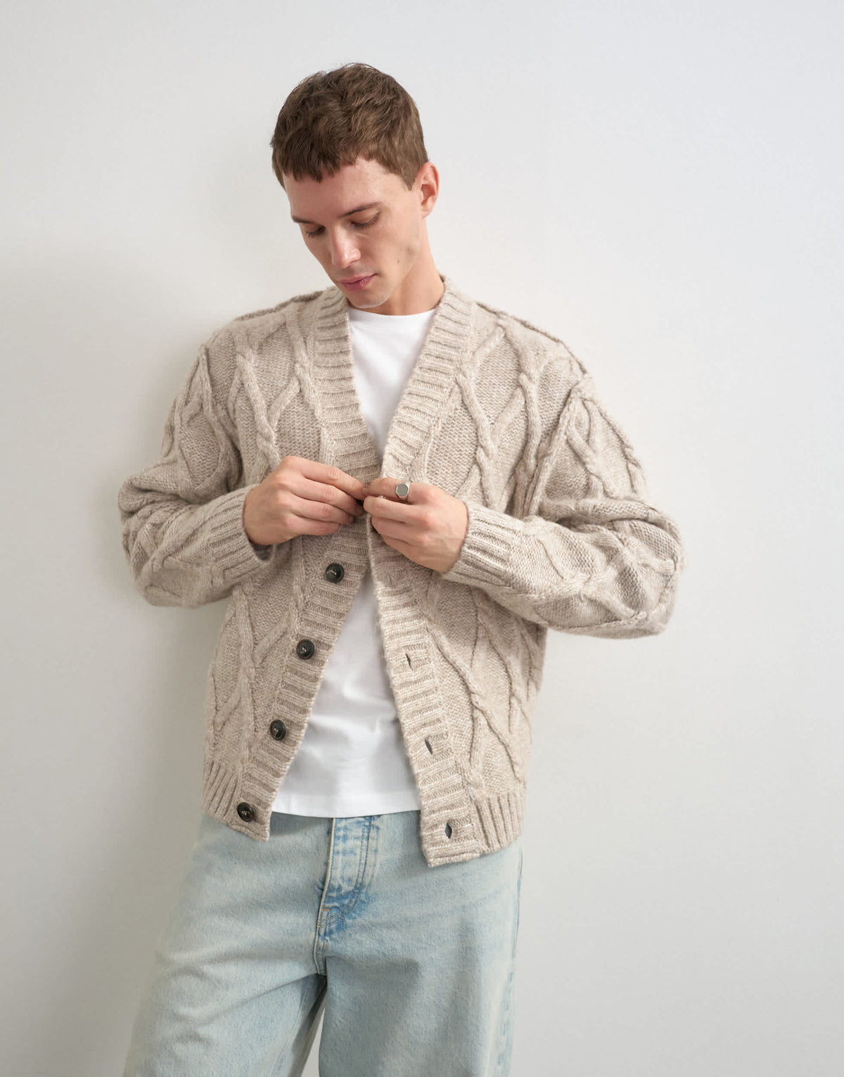Topman relaxed fit knitted cable cardigan in oatmeal