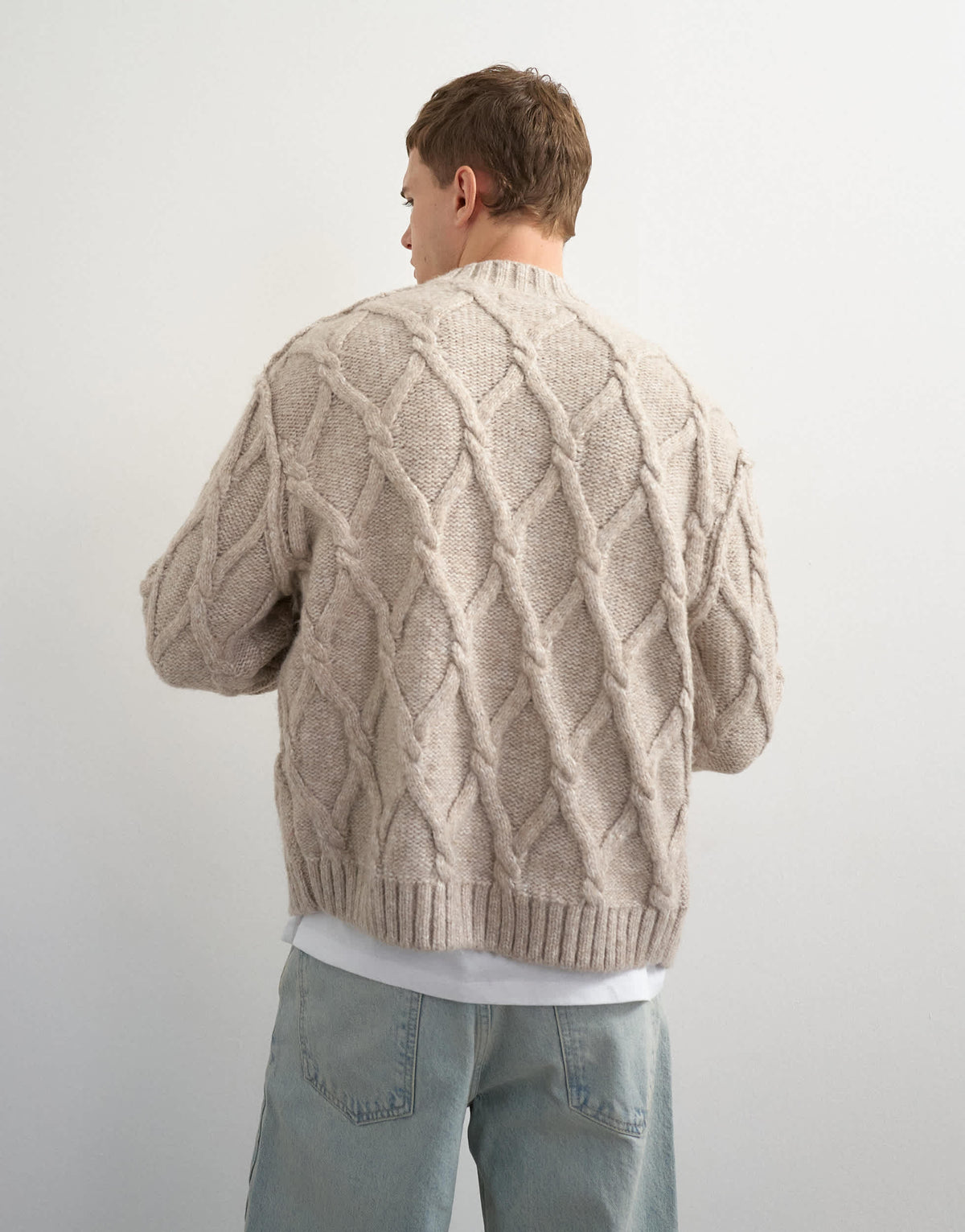 Topman relaxed fit knitted cable cardigan in oatmeal