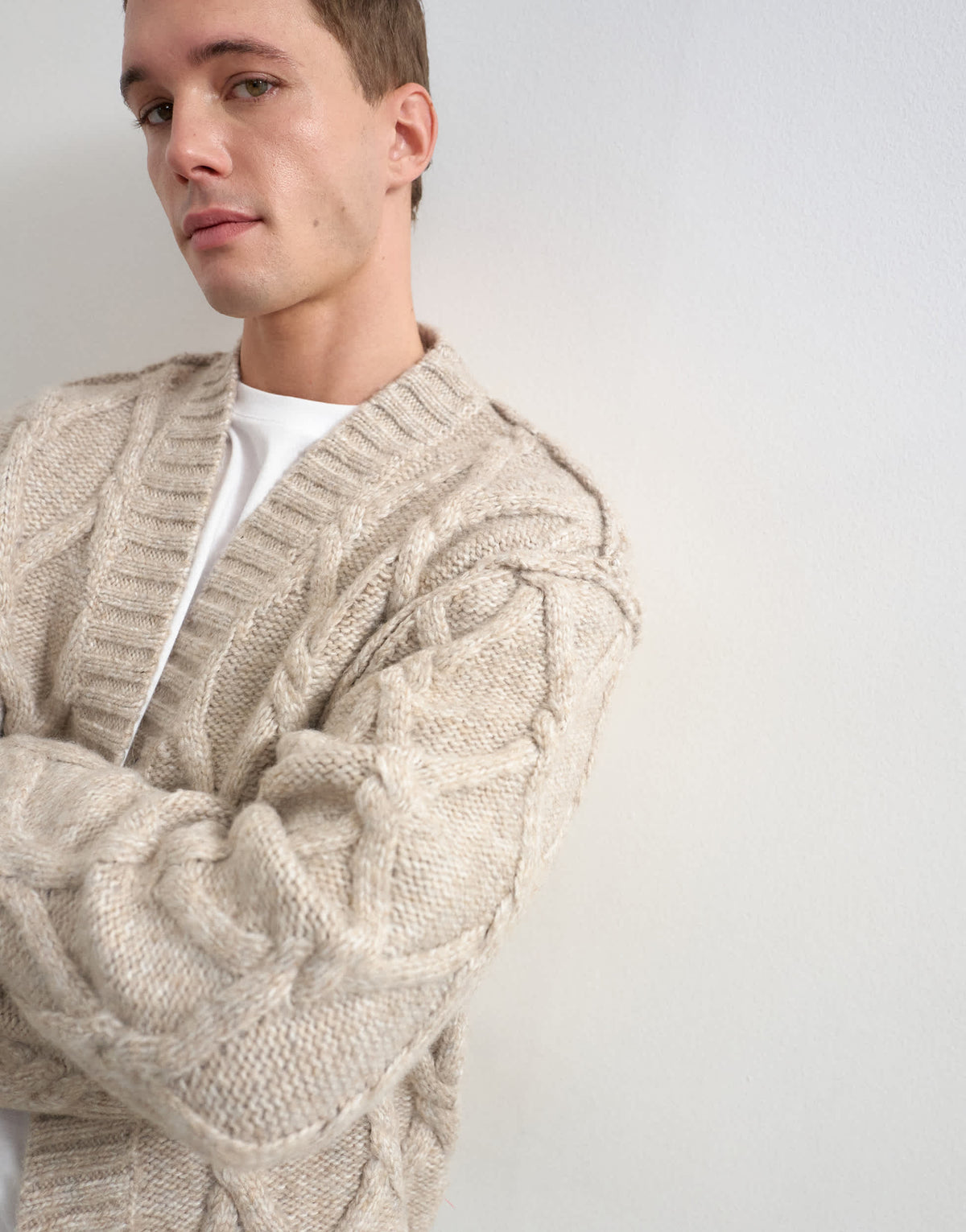 Topman relaxed fit knitted cable cardigan in oatmeal