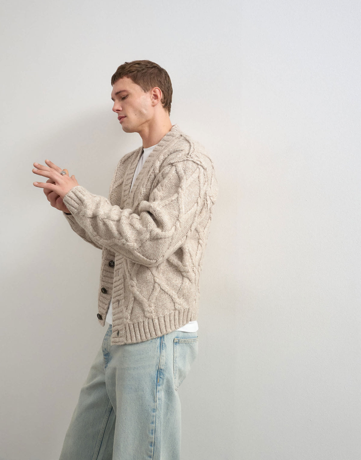 Topman relaxed fit knitted cable cardigan in oatmeal