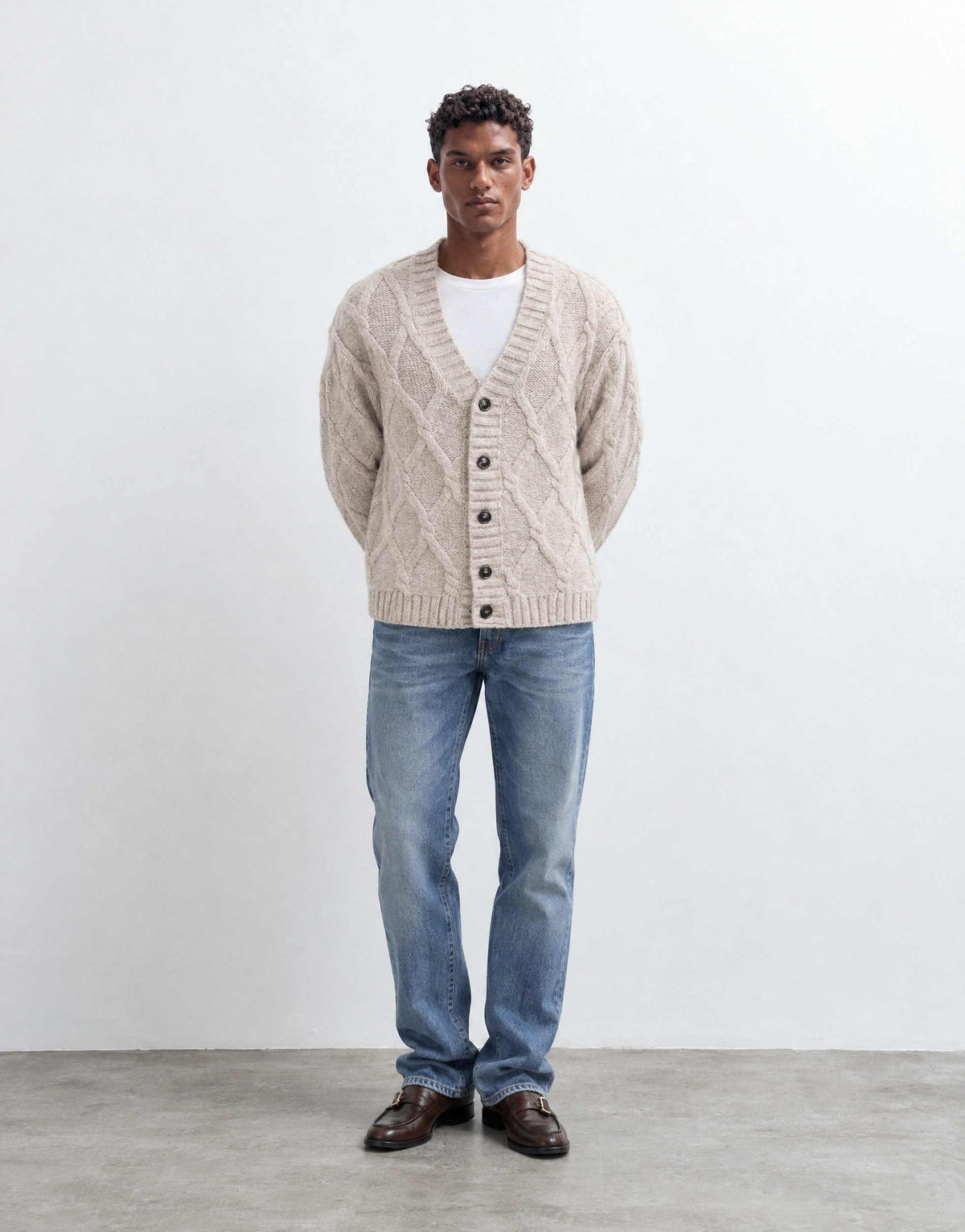 Topman relaxed fit knitted cable cardigan in oatmeal