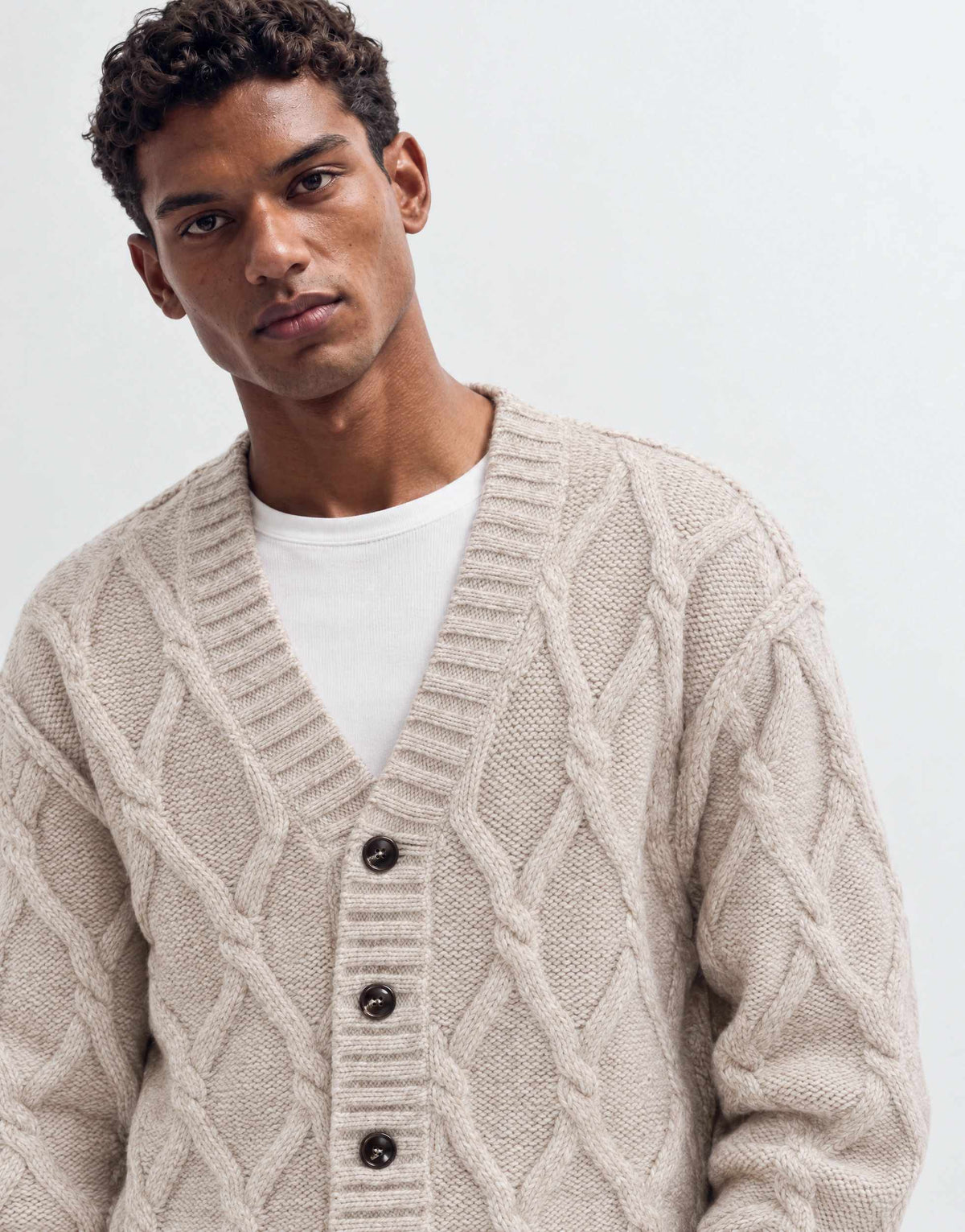 Topman relaxed fit knitted cable cardigan in oatmeal