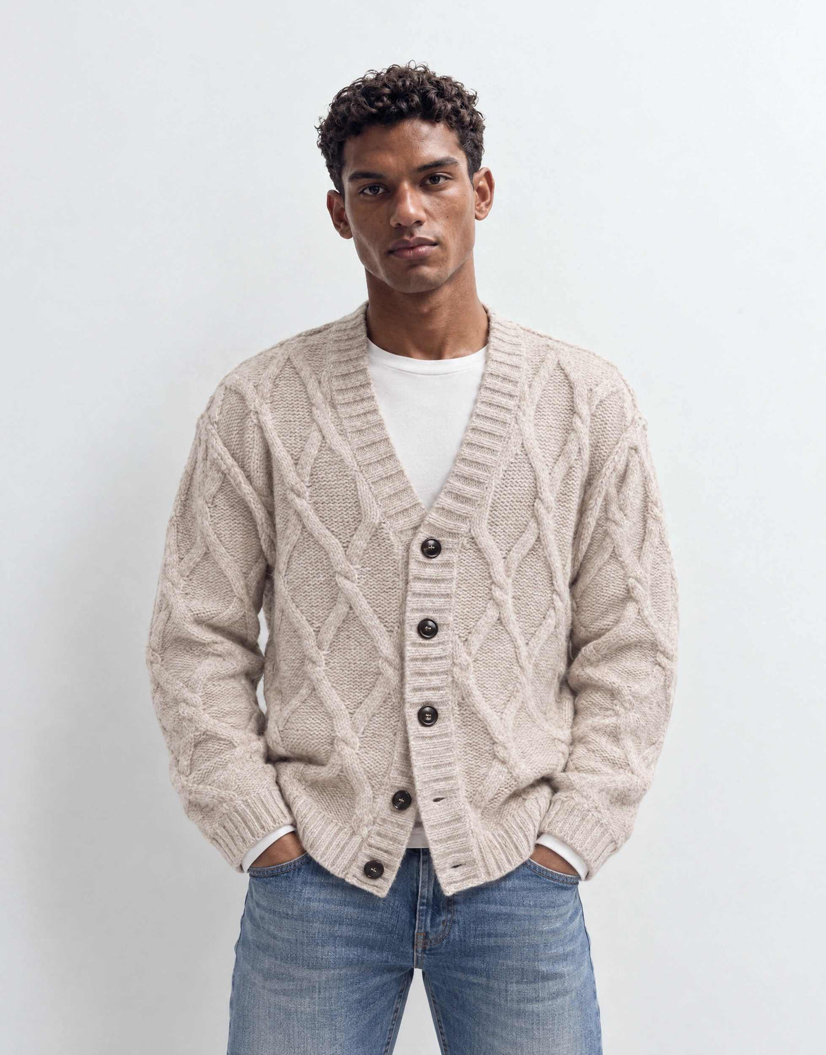 Topman relaxed fit knitted cable cardigan in oatmeal