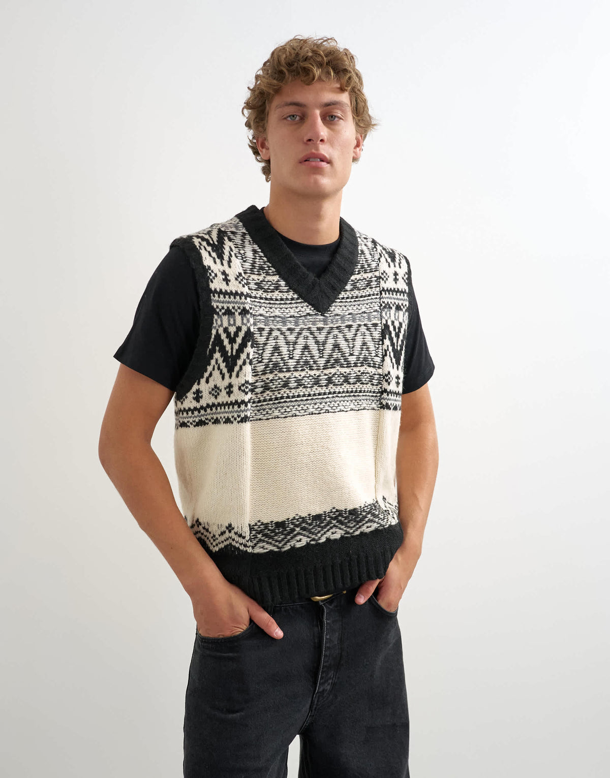 Topman relaxed fit fairisle knitted v neck tank in black