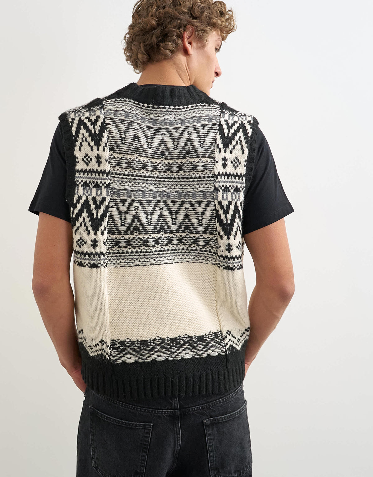 Topman relaxed fit fairisle knitted v neck tank in black