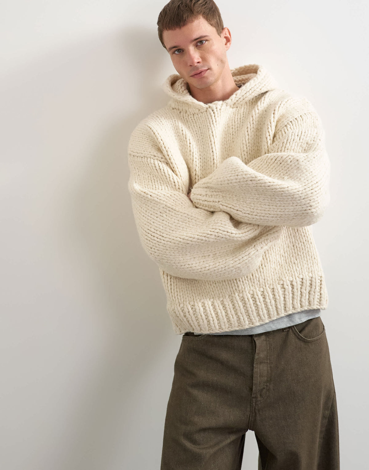 Topman relaxed fit hand knitted heavyweight hoodie in ecru