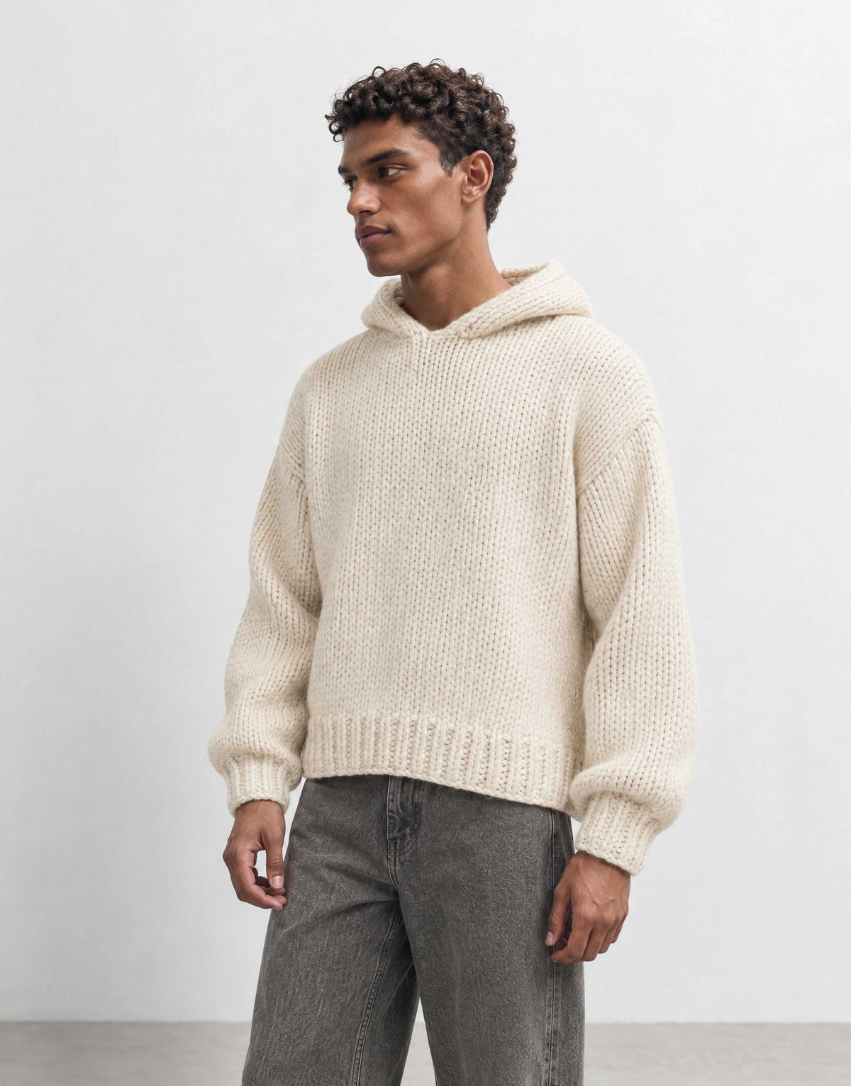 Topman relaxed fit hand knitted heavyweight hoodie in ecru