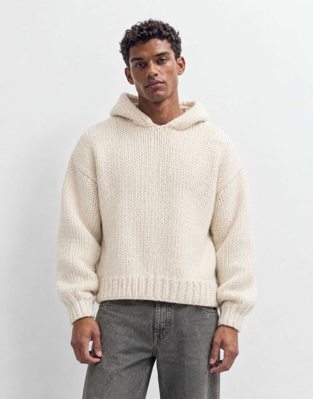 Topman relaxed fit hand knitted heavyweight hoodie in ecru