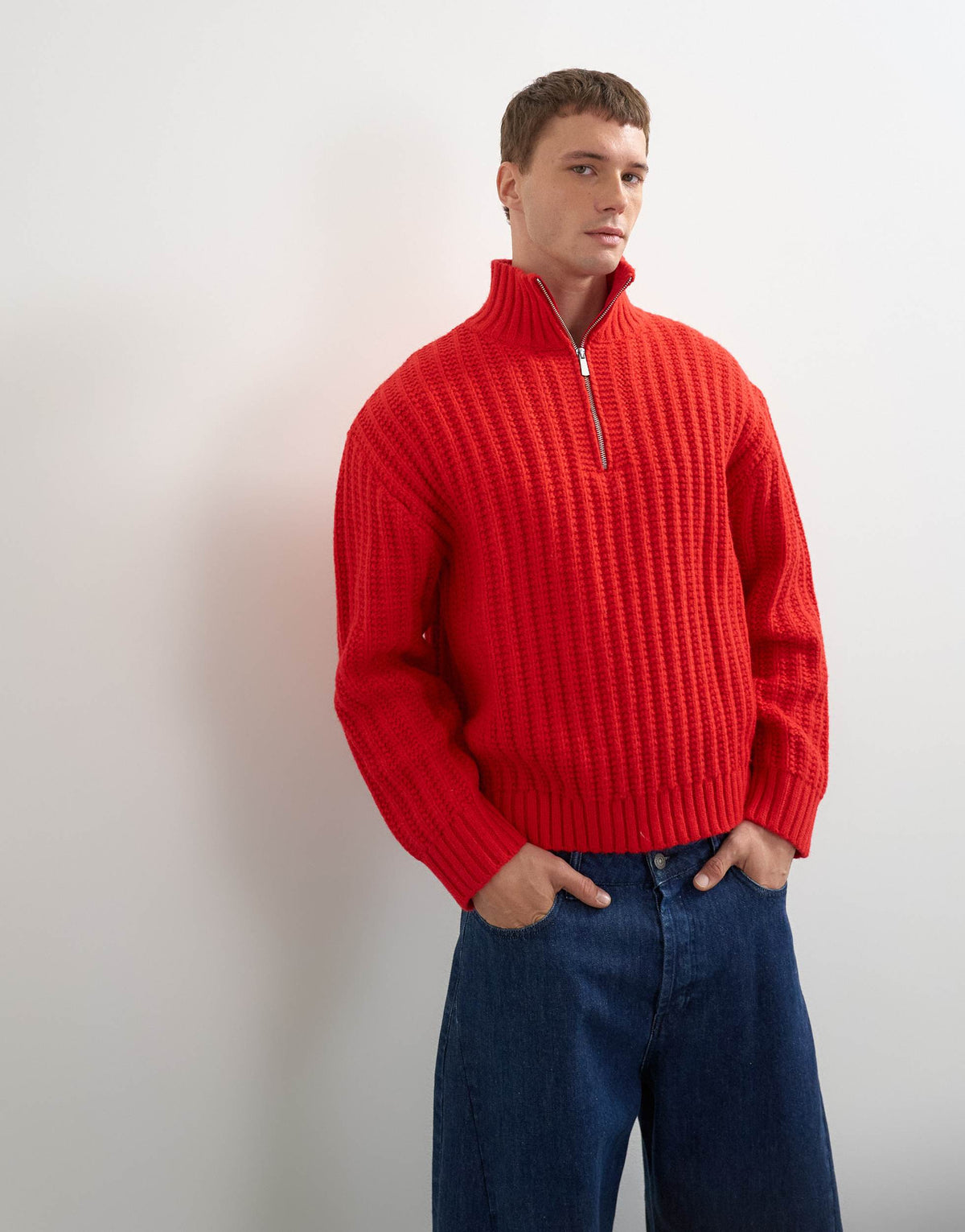 Topman relaxed fit knitted 1/4 zip funnel neck knitted jumper in red