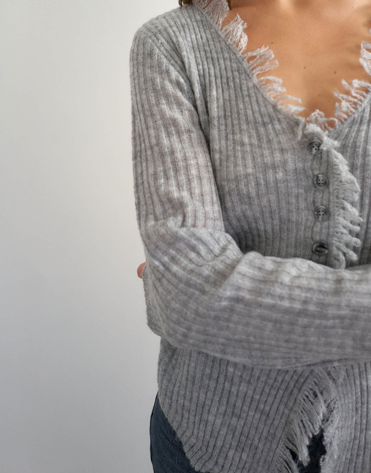 Topshop knitted fringing neckline cardigan in grey