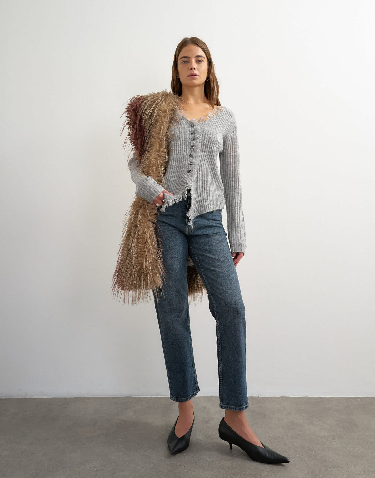 Topshop knitted fringing neckline cardigan in grey