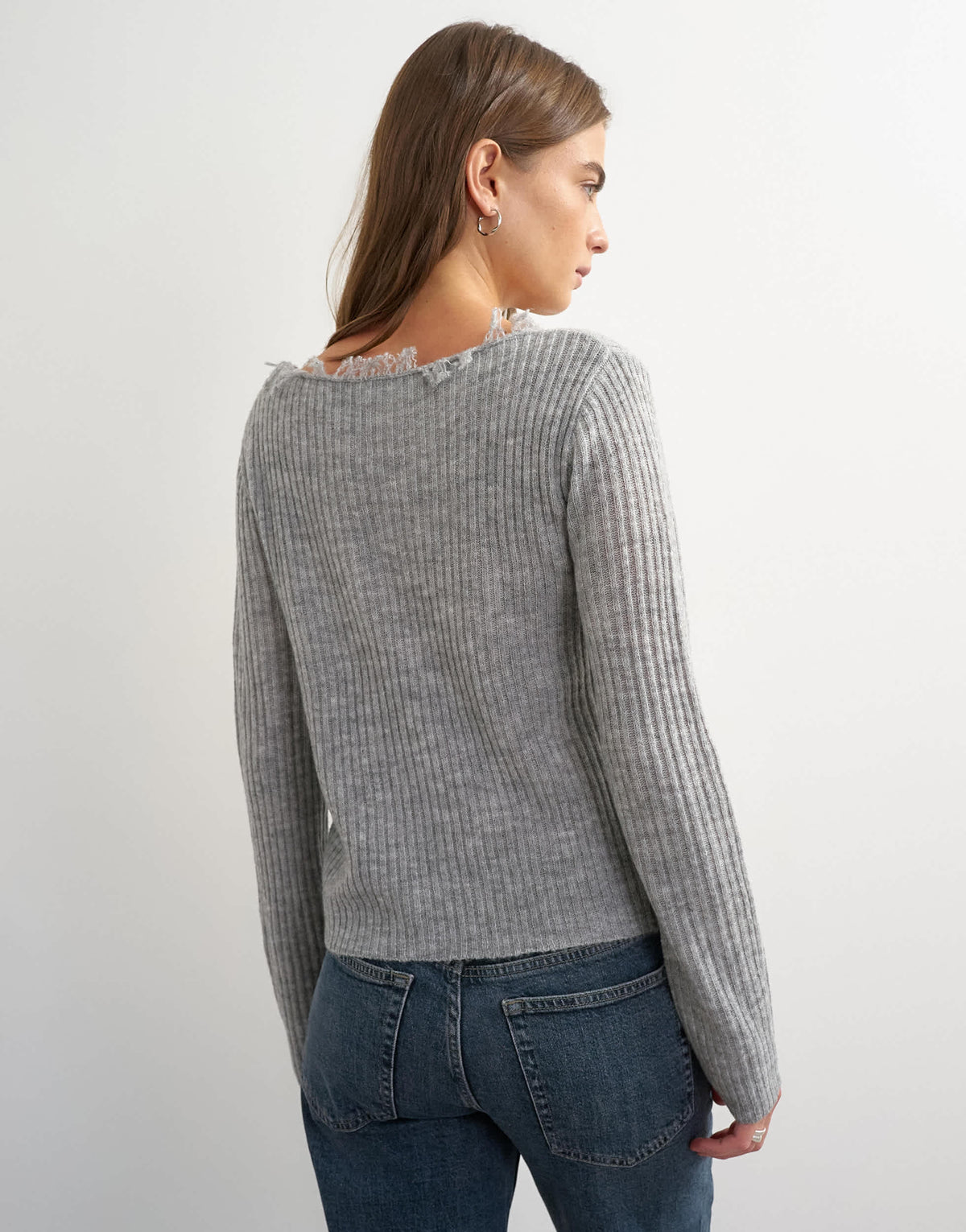 Topshop knitted fringing neckline cardigan in grey