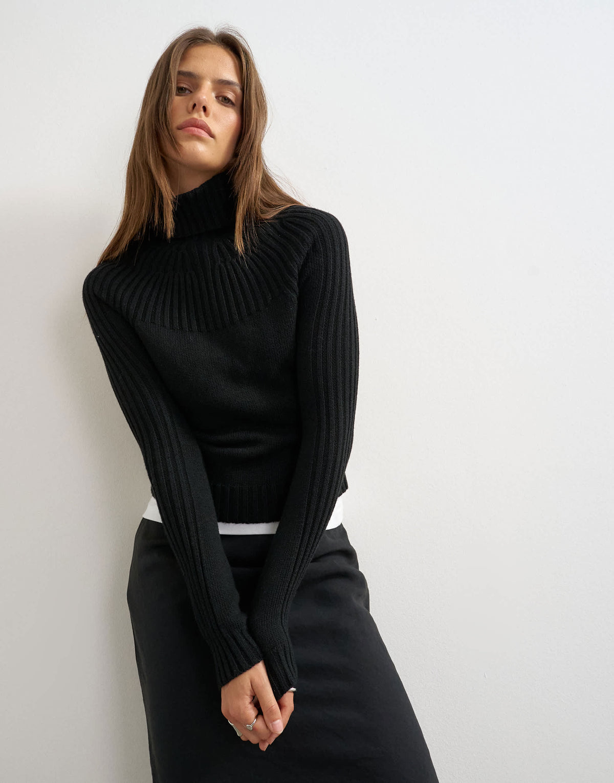 Topshop knitted rib yoke long sleeve top in black