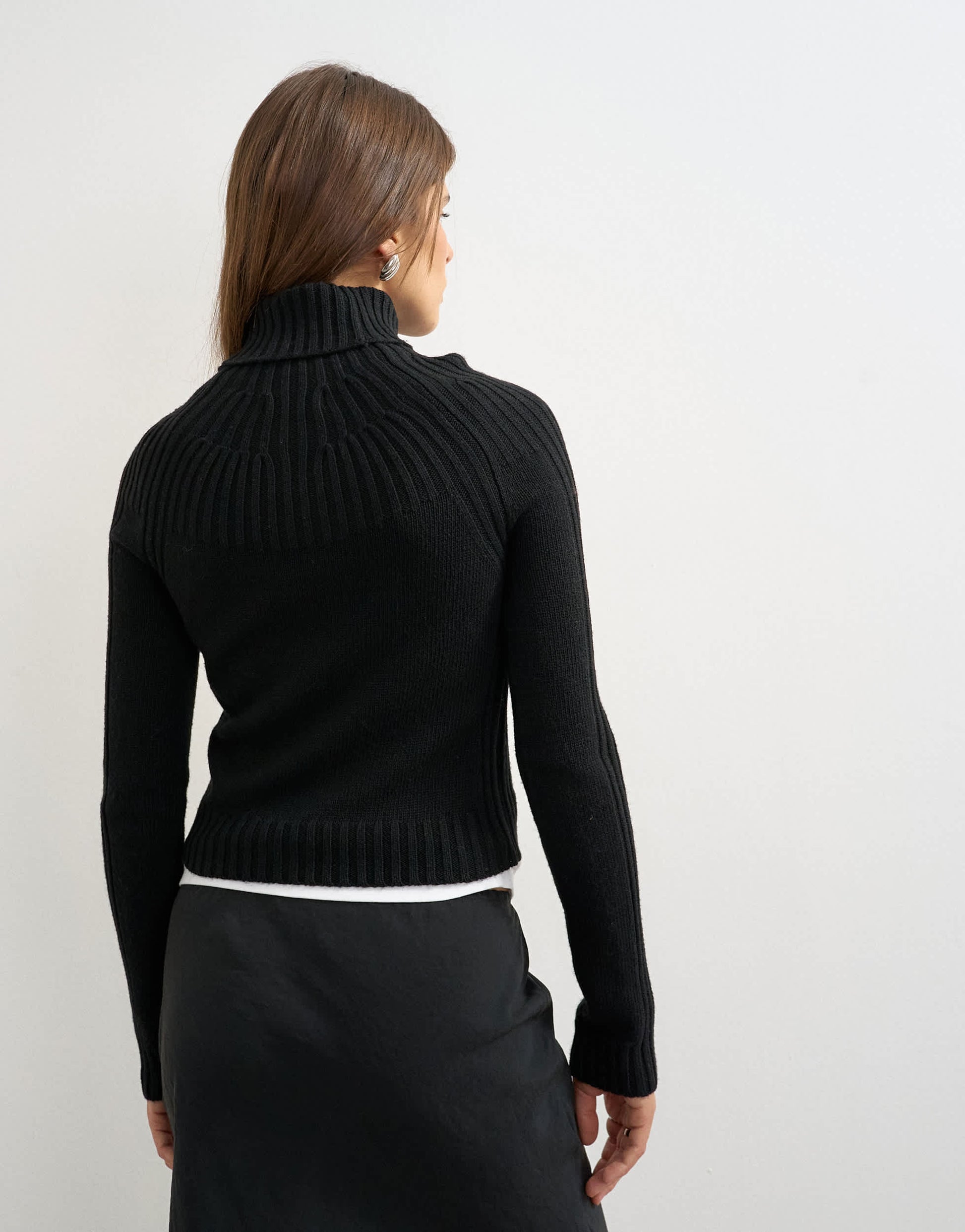 Topshop knitted rib yoke long sleeve top in black